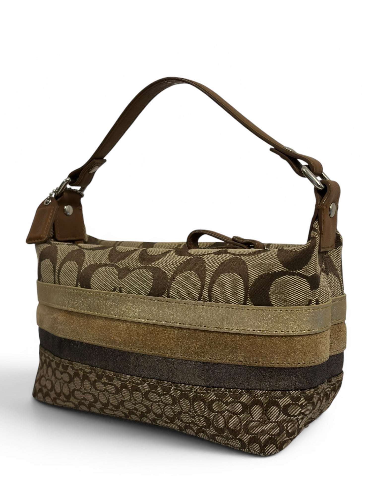 Coach Rare Mini Signature Striped Patchwork Tan Brown Beige Canvas Leather & Suede Vintage
Handbag