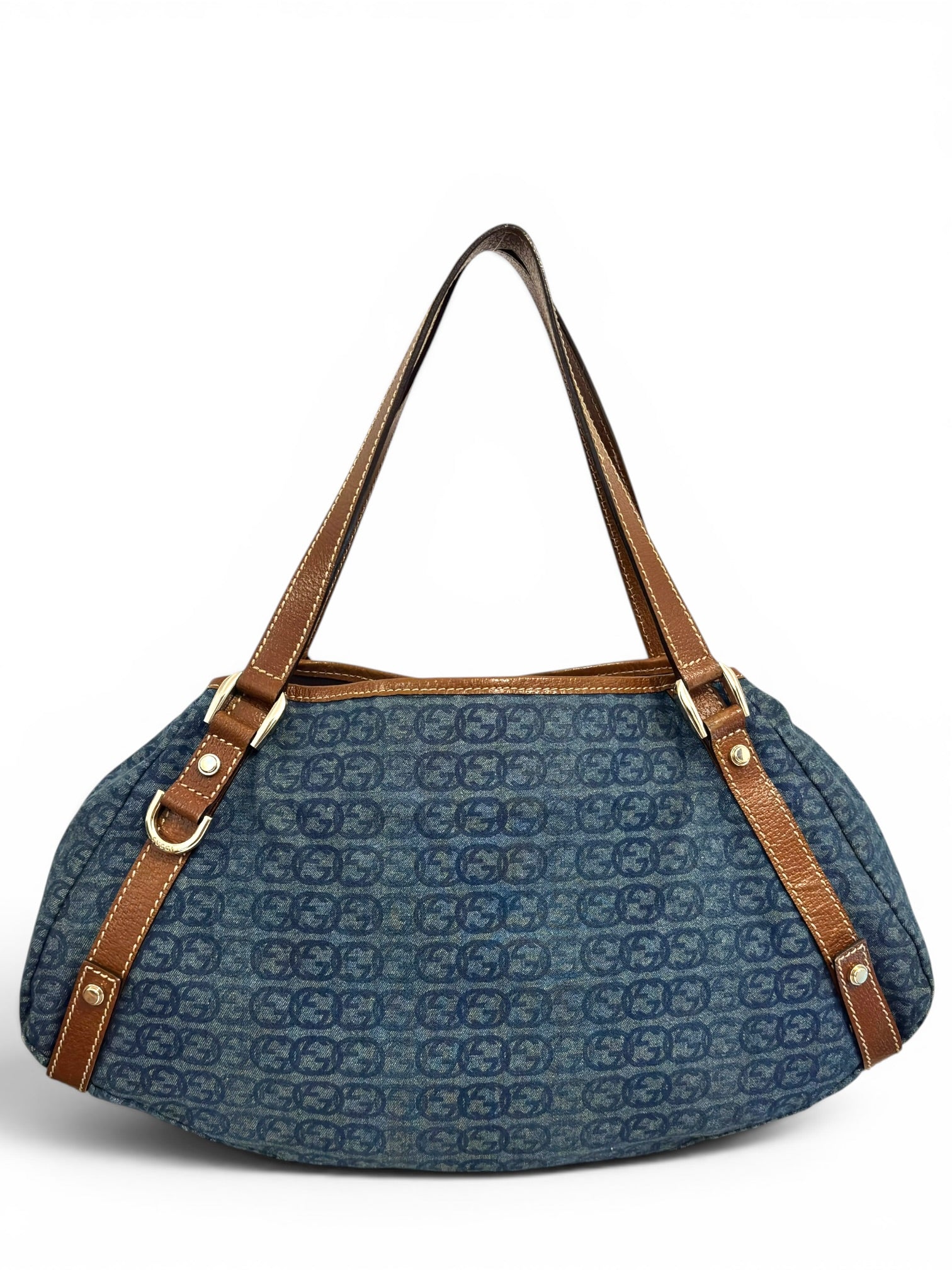 Gucci Denim Blue Abbey Interlocking G Signature Canvas & Brown Leather Tote Shoulder Bag
