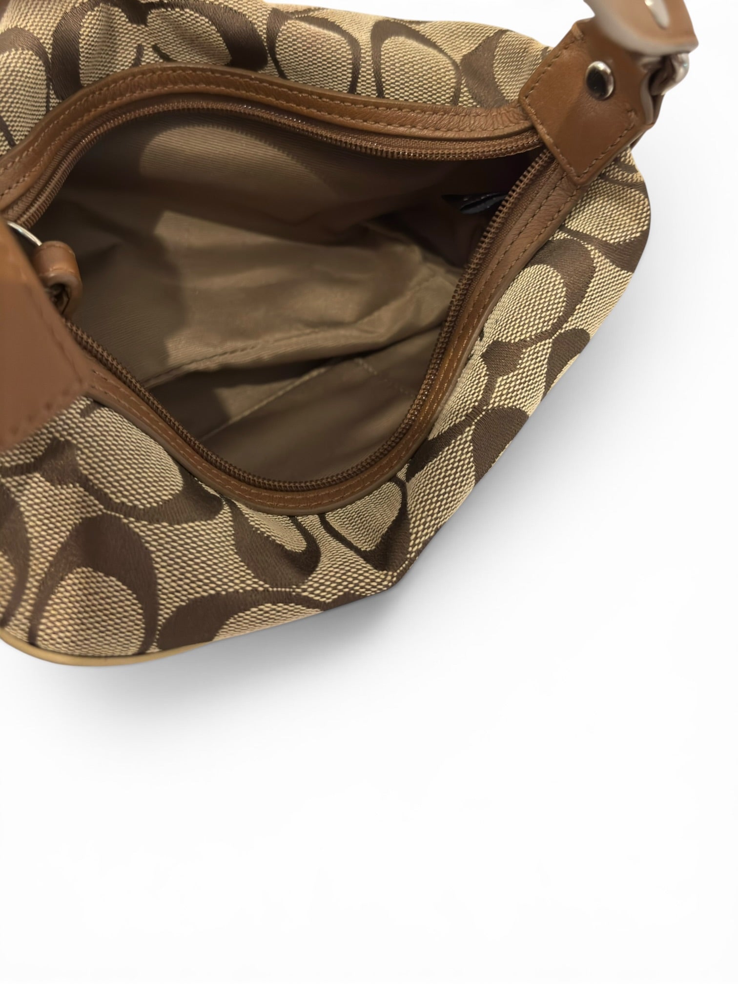 Coach Rare Mini Signature Striped Patchwork Tan Brown Beige Canvas Leather & Suede Vintage
Handbag