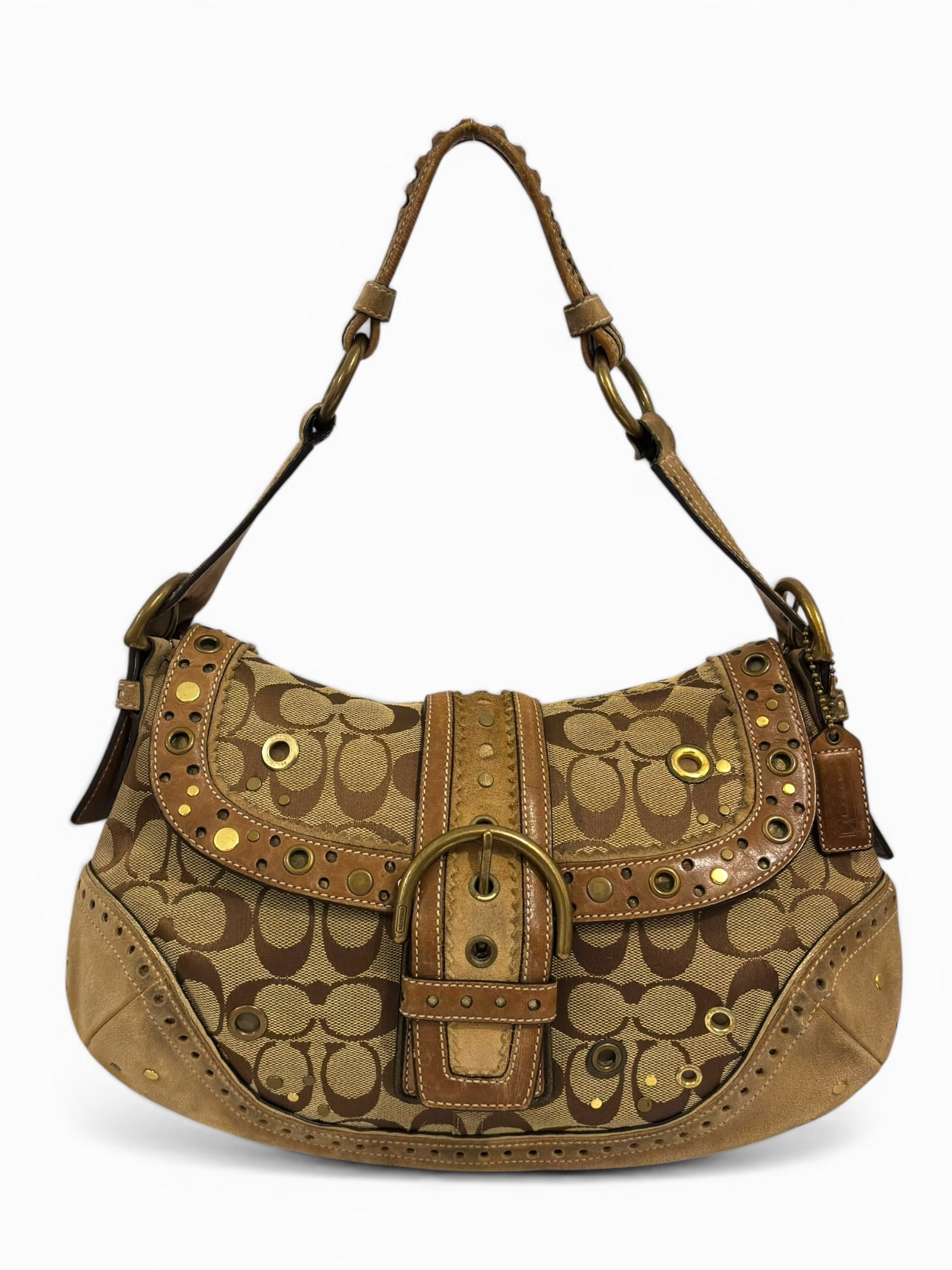 Coach Rare Soho Brown Beige Signature Studded Suede & Leather Rivet Hobo Shoulder Bag