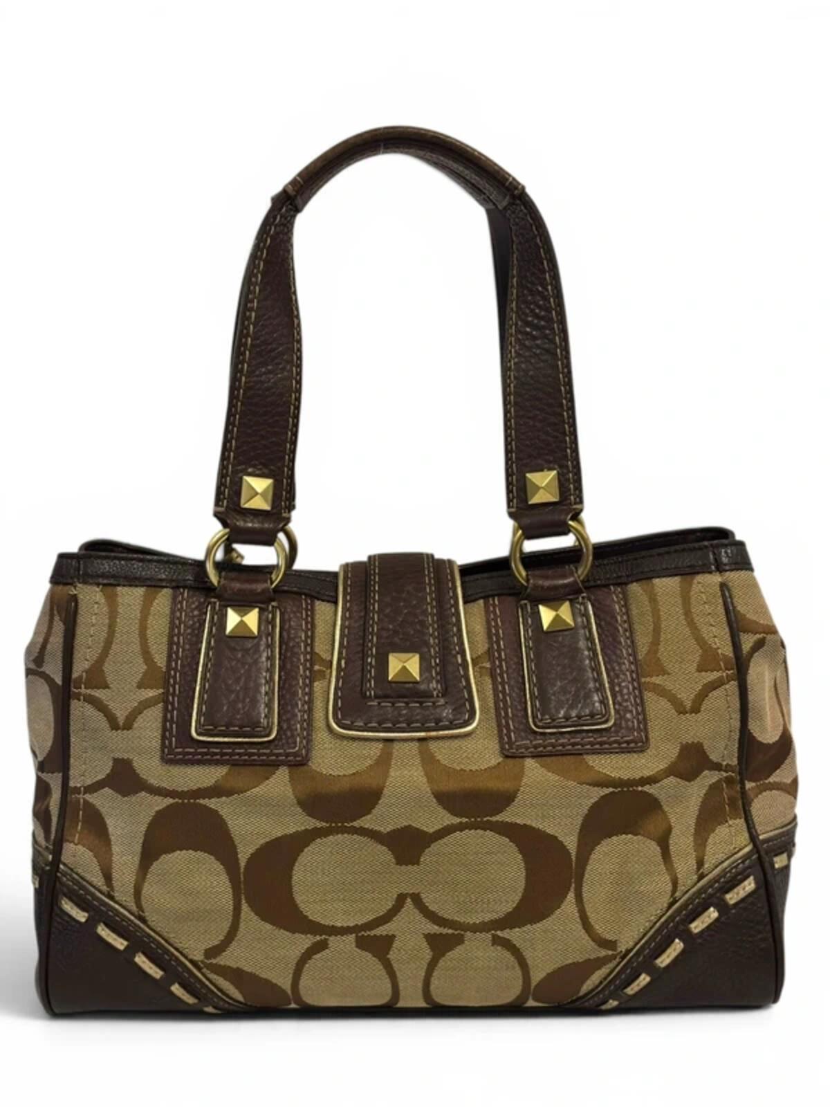 Coach Brown / Beige Studded Signature Vintage Horsebit Shoulder Bag