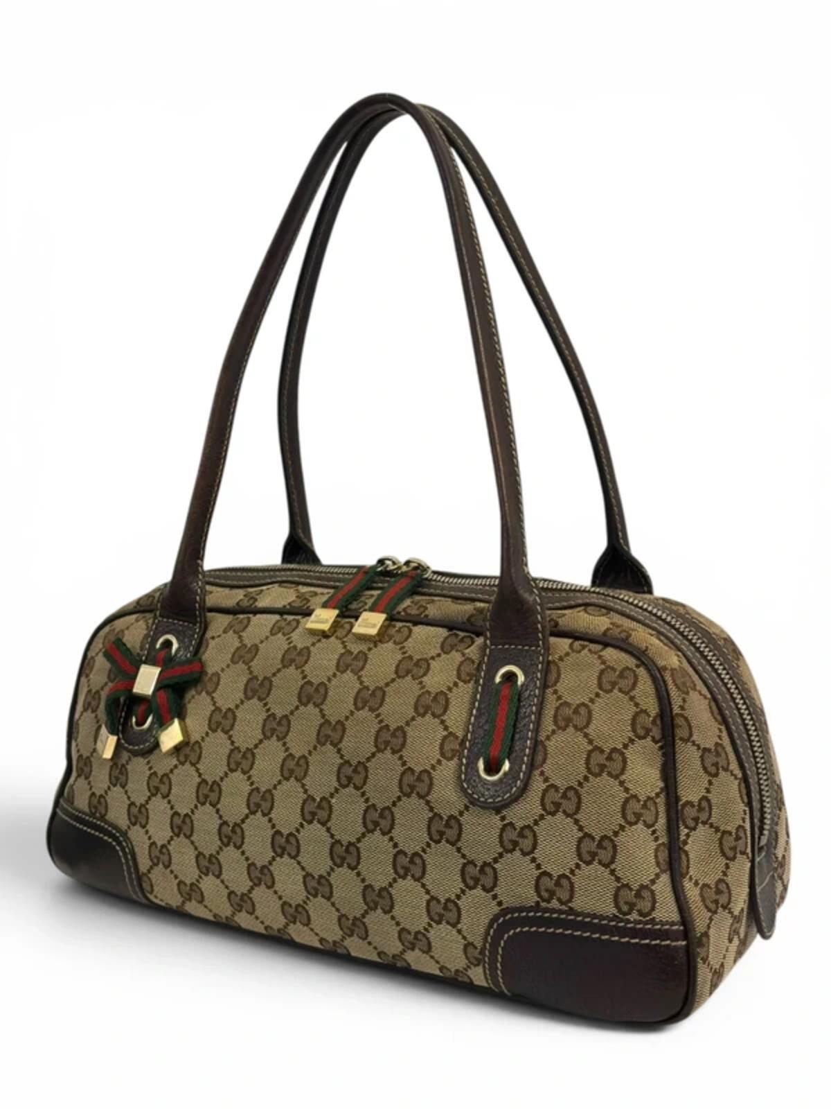 Gucci GG Brown / Beige Princy Boston Canvas & Leather Ribbon Vintage Shoulder Bag