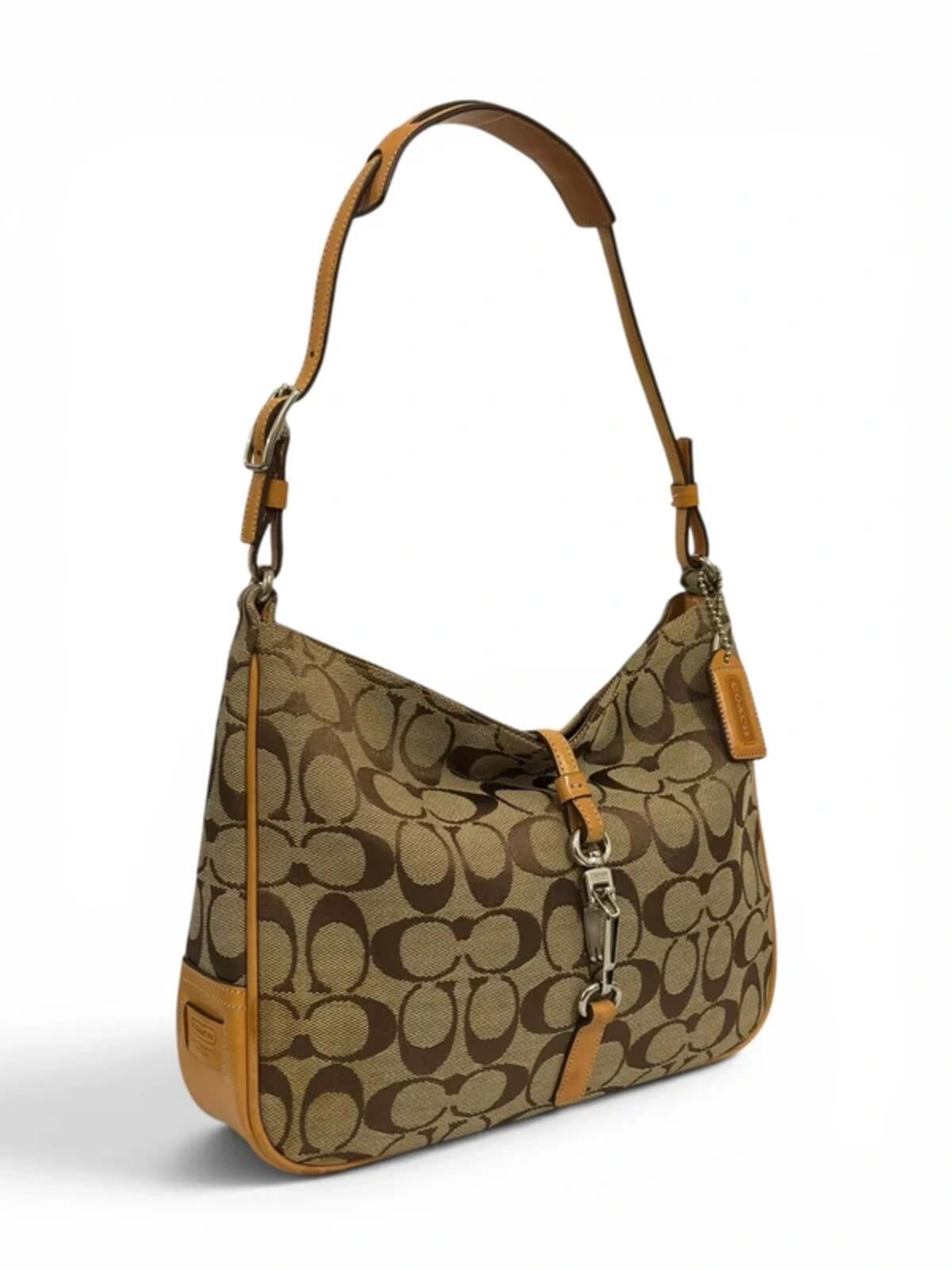 Coach Brown Tan Hamptons Brown Clip Canvas & Leather Vintage Hobo Shoulder Bag