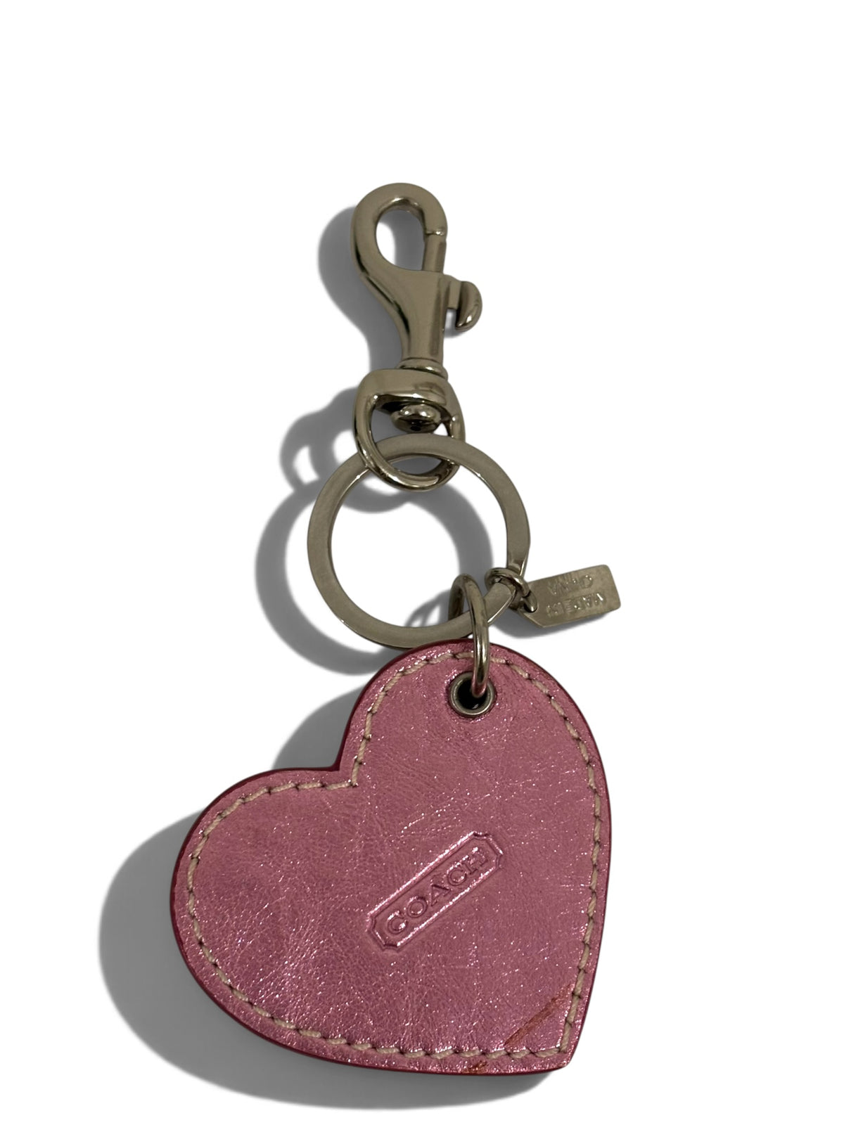 Pre-Owned Coach Heart Bag Charm Keyring In Metallic Pink Leather