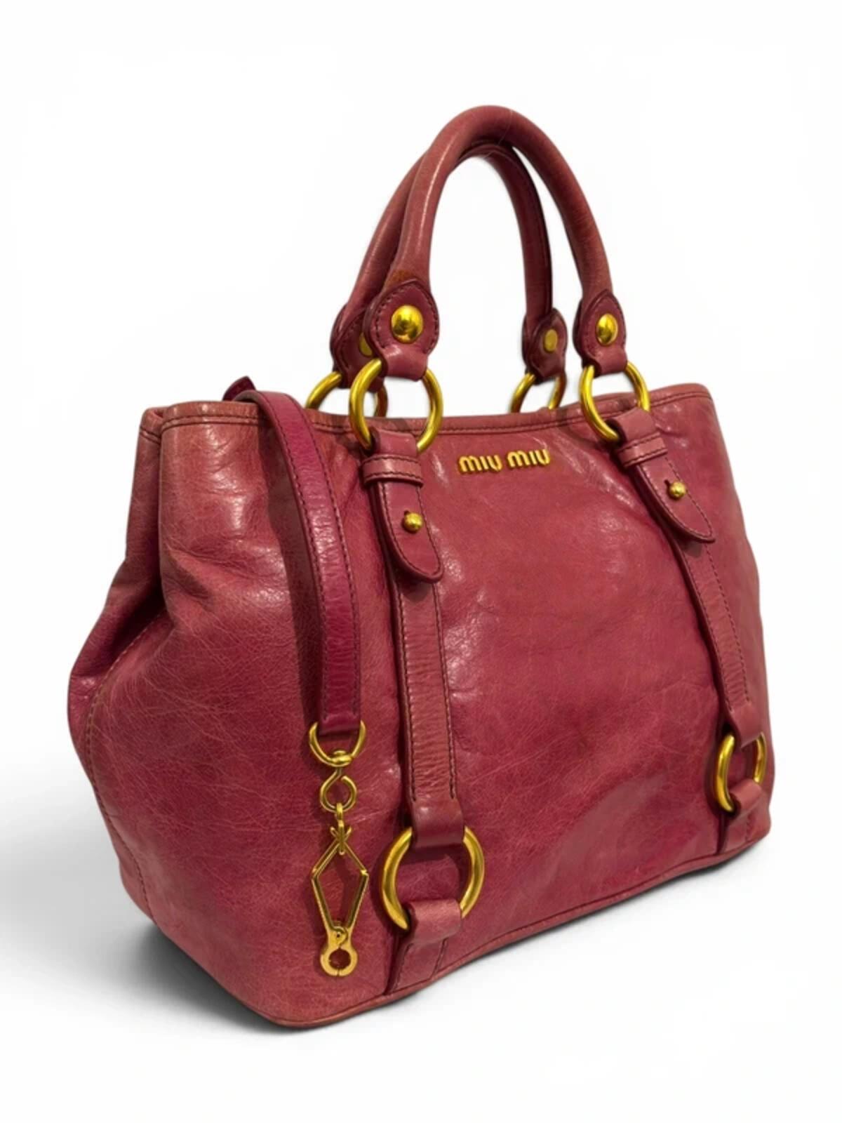 Miu Miu Pink Fuchsia Vitello Lux Leather 2-Way Shine Crossbody / Tote Shoulder Bag