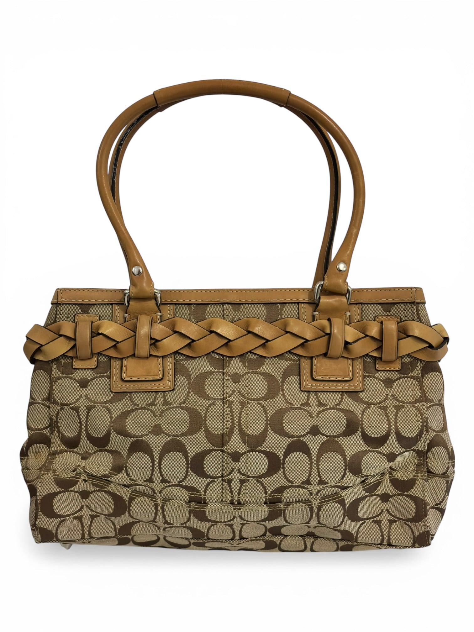 Coach Brown Khaki Braided Canvas & Leather Signature Vintage Tote Shoulder Bag