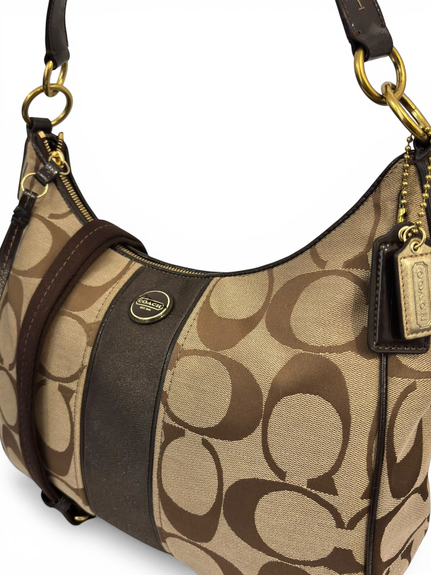 Coach Brown Beige Signature Stripe Canvas & Patent Leather Vintage 2000's Shoulder Bag