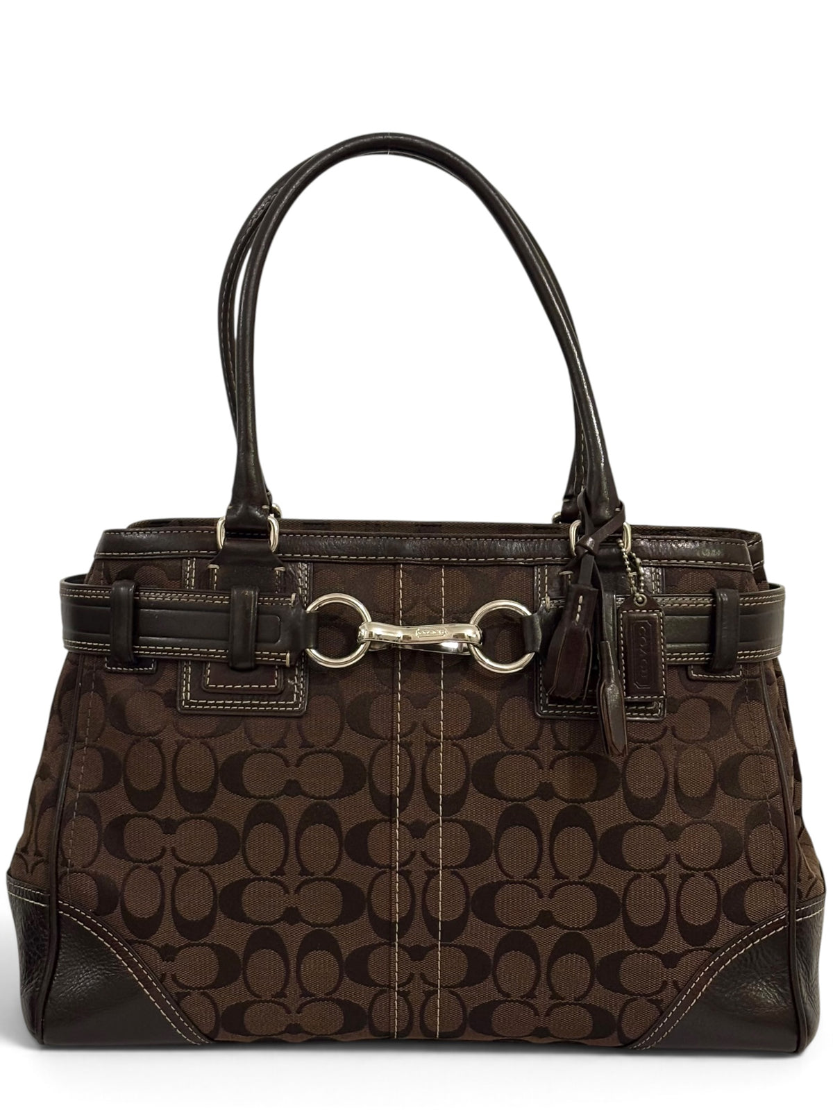 Vintage Coach Hamptons Bag F10246 Signature Chocolate Brown Clip Tote