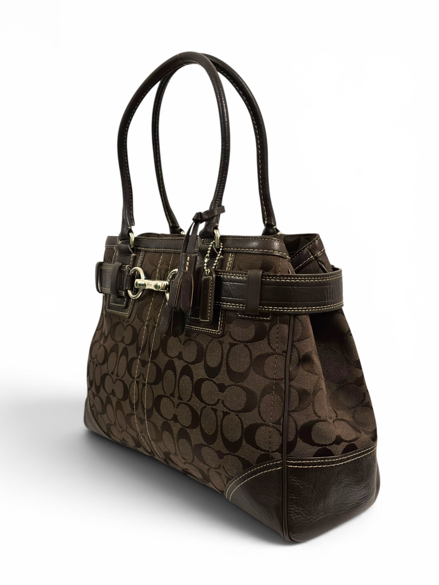 Coach Chocolate Brown Hamptons Signature Canvas & Leather Large Vintage Clip Tote Shoulder Bag