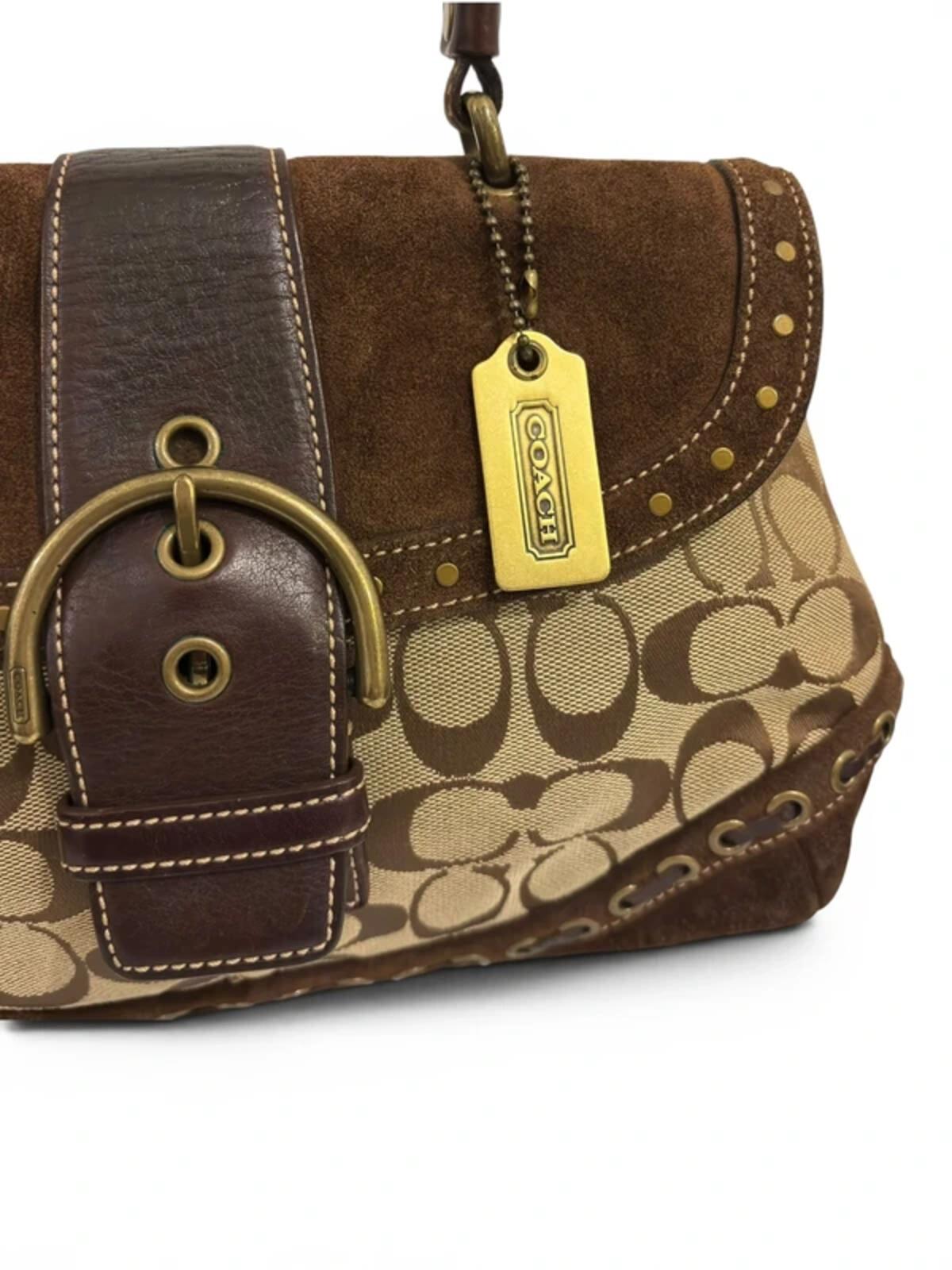 Coach Signature Soho Brown Canvas & Suede Buckle Studded Handbag D04J-7059