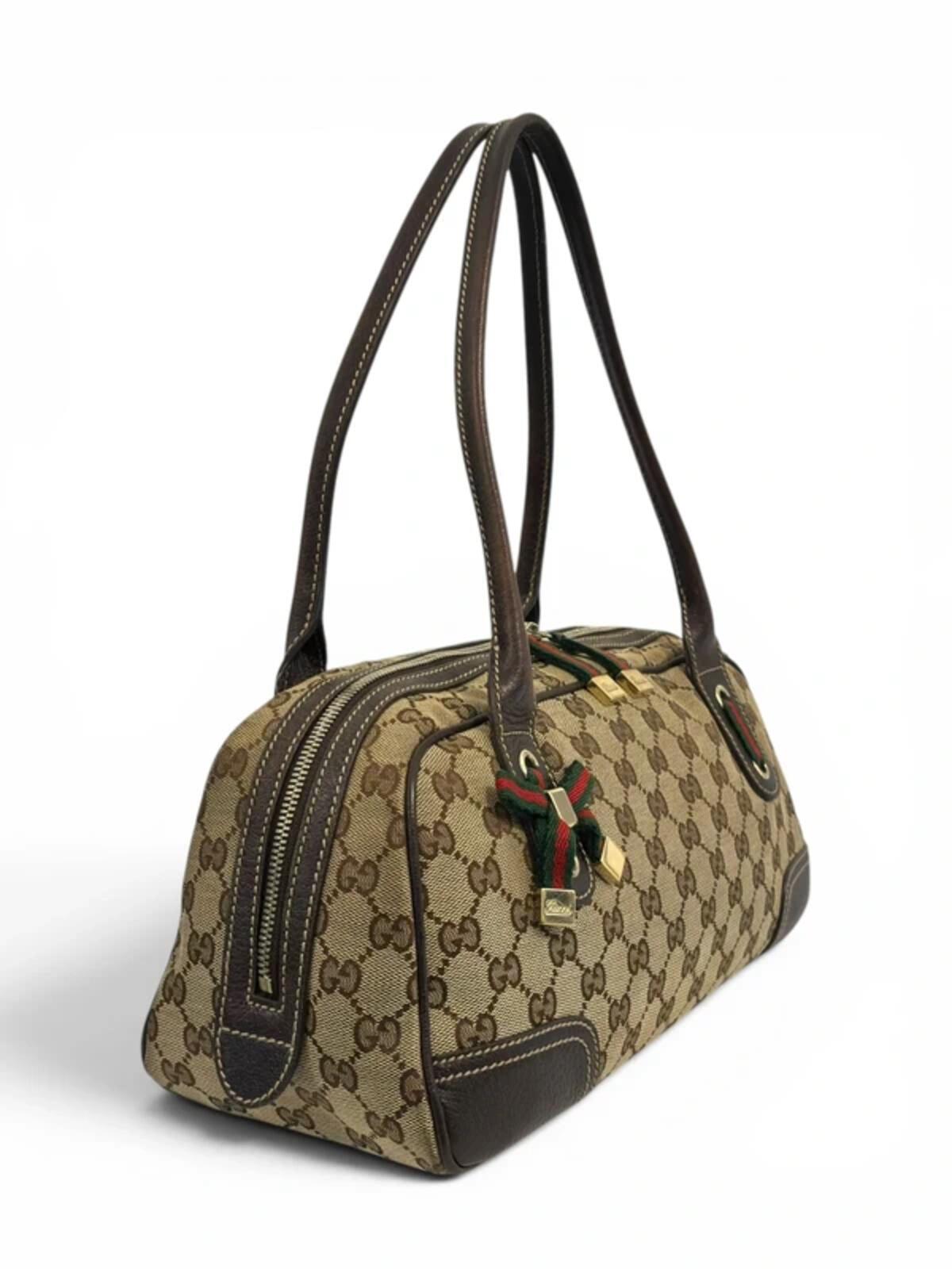 Gucci GG Brown / Beige Princy Boston Canvas & Leather Ribbon Vintage Shoulder Bag