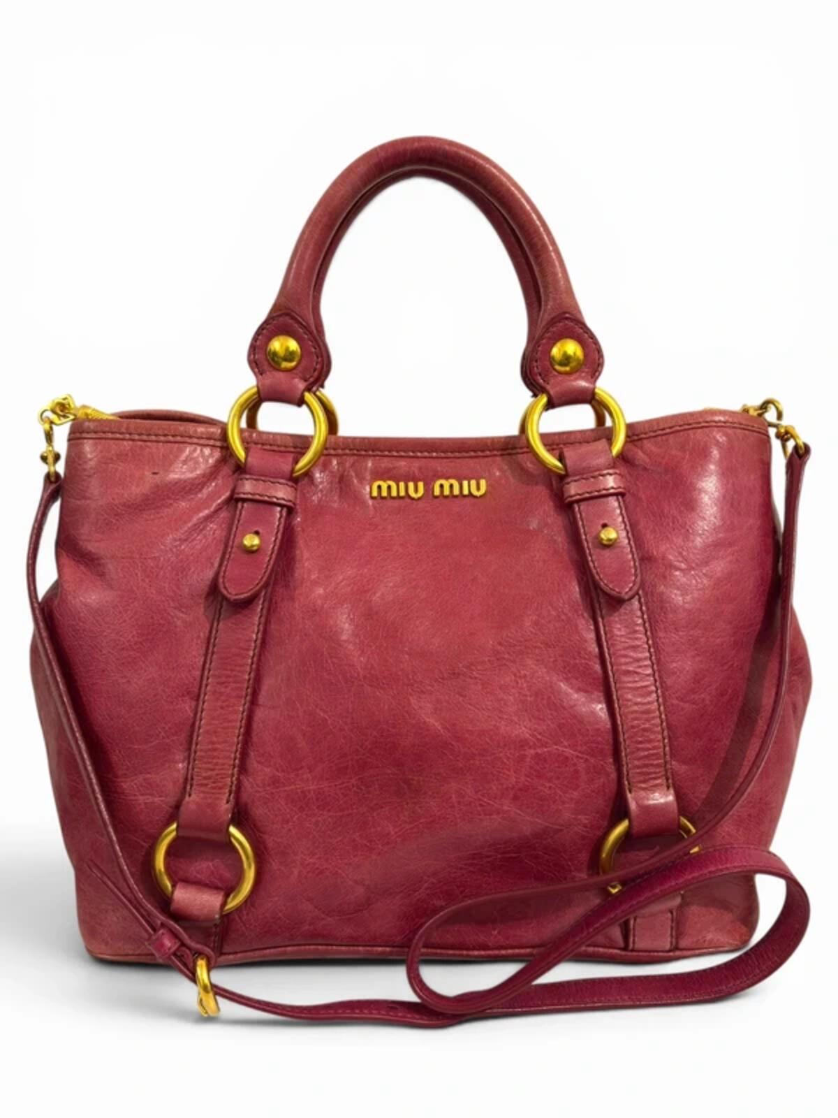 Miu Miu Pink Fuchsia Vitello Lux Leather 2-Way Shine Crossbody / Tote Shoulder Bag