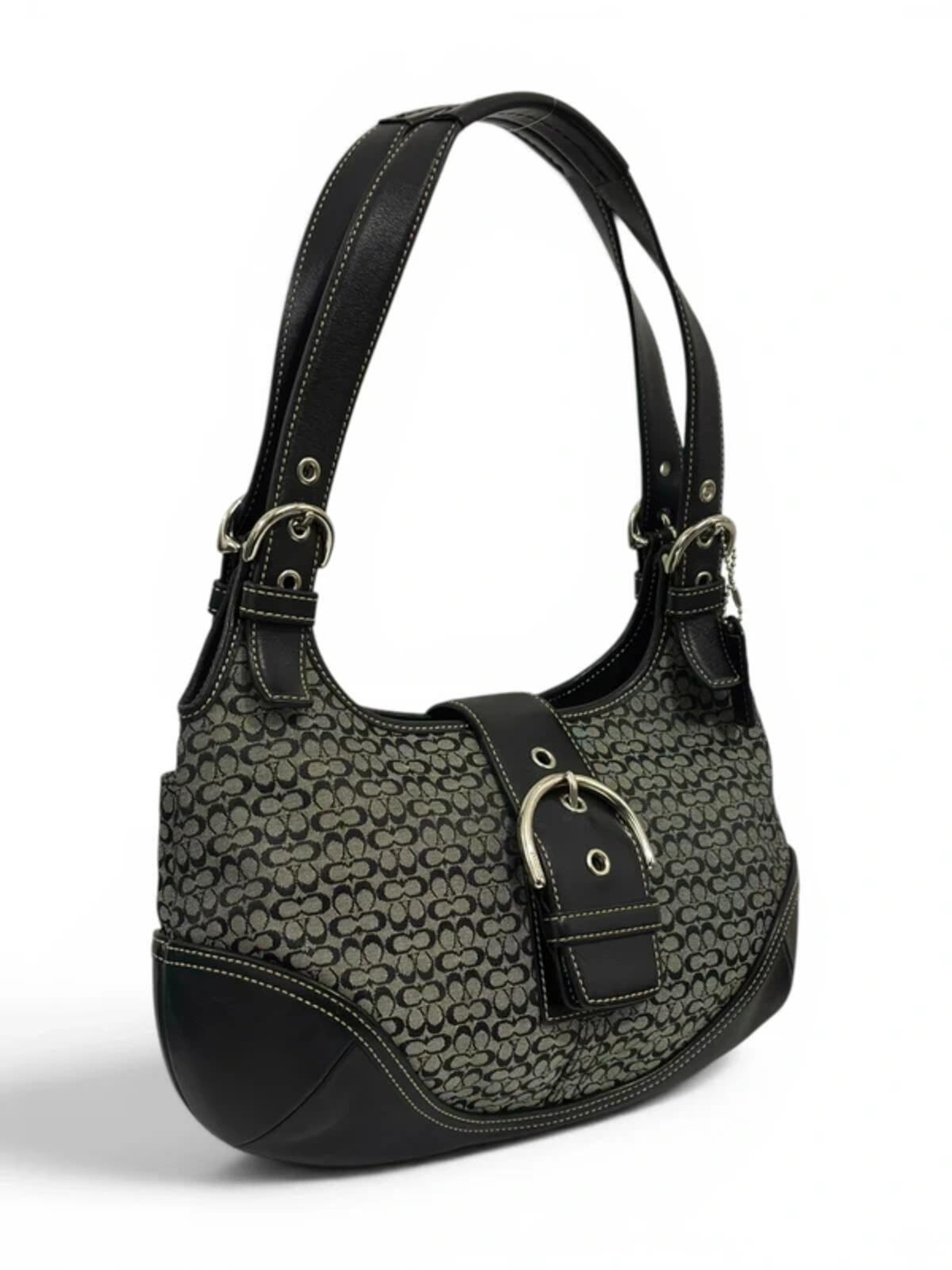 Coach Signature Soho Black / Grey Buckle Canvas & Leather Vintage Hobo Shoulder Bag C04J-7074