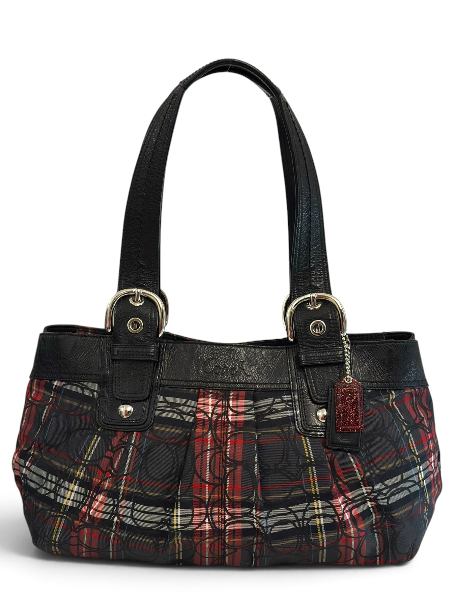 Vintage Coach Poppy Soho Tartan Plaid Op Art Tote Bag Black Leather Shoulder Handbag F15223