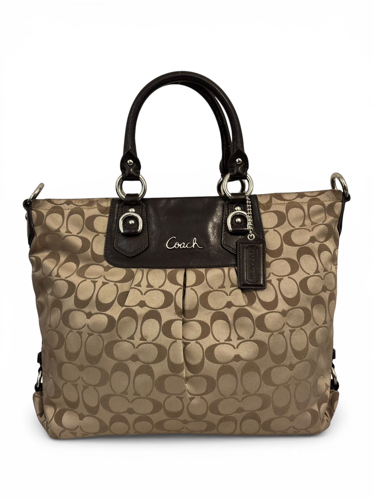 Coach Brown Beige Ashley Signature Canvas Satin & Patent Leather Vintage Shoulder Bag