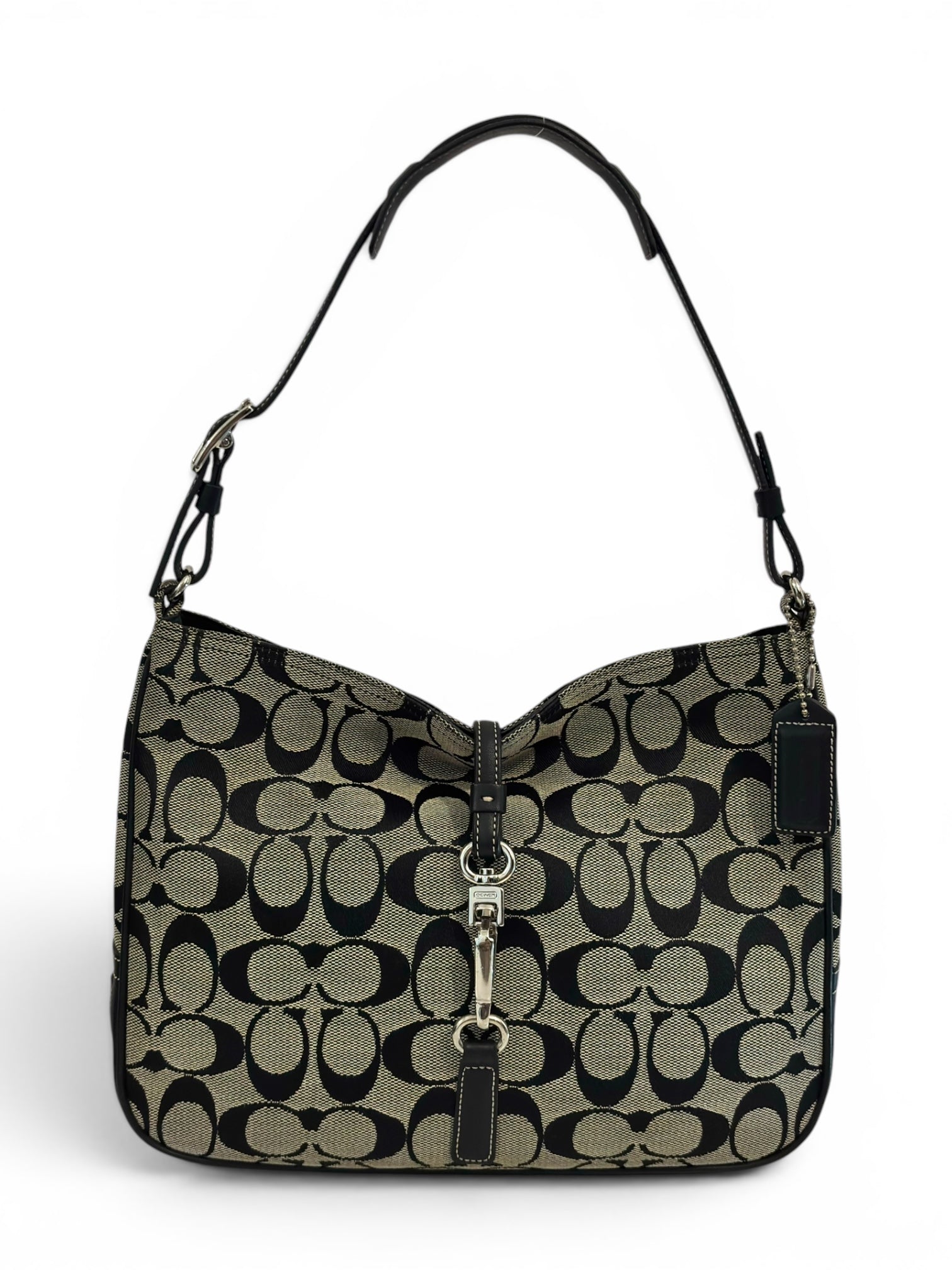 Coach Hampton Signature Clip Grey & Black Canvas
& Leather Hobo Vintage Shoulder Bag