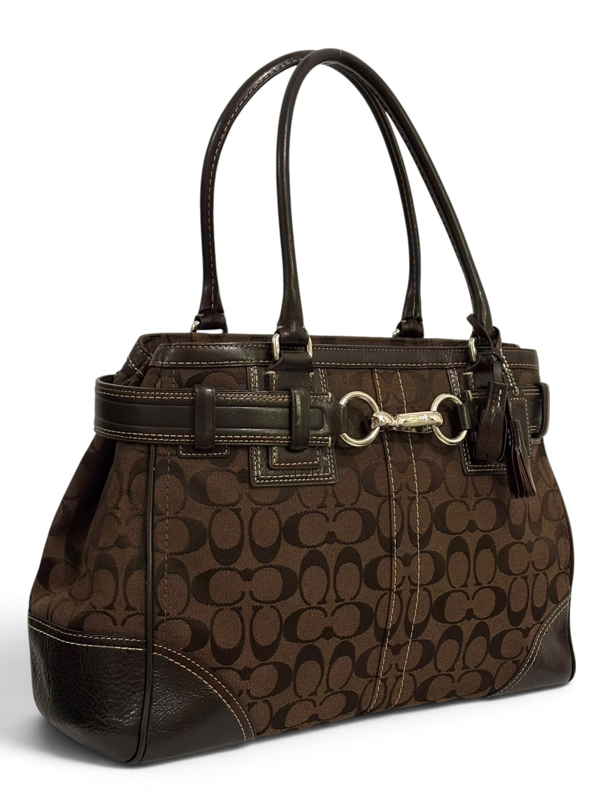 Vintage Coach Hamptons Bag F10246 Signature Chocolate Brown Clip Tote