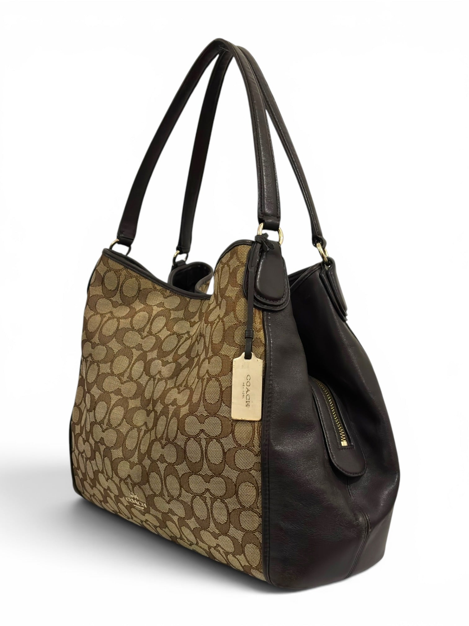 Coach Edie 31 Brown / Khaki Signature Canvas & Leather Large Vintage Hobo Shoulder Bag