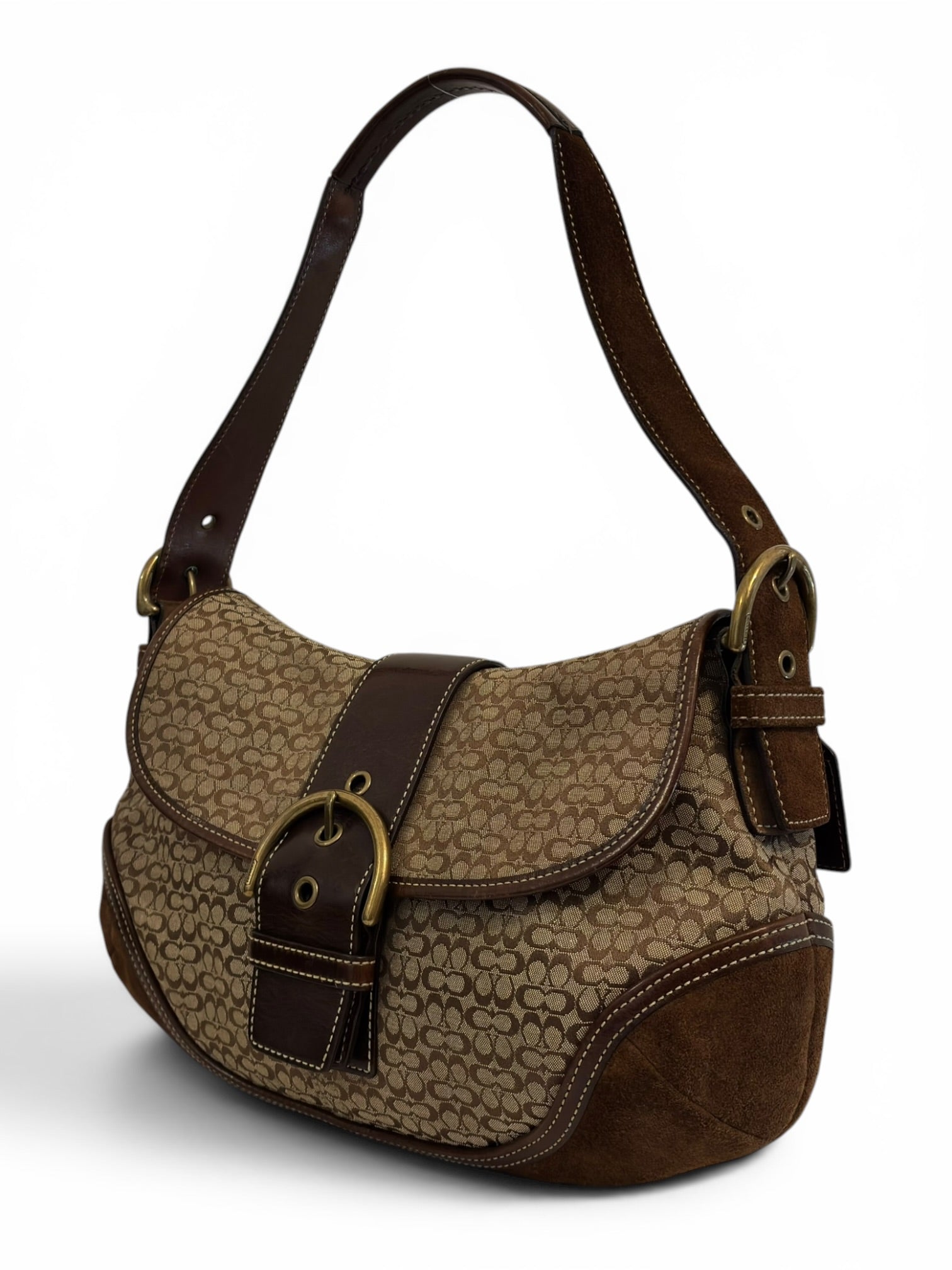 Coach Brown & Beige Signature Soho Flap Buckle Canvas Suede & Leather Hobo Shoulder Bag
G04J-6808