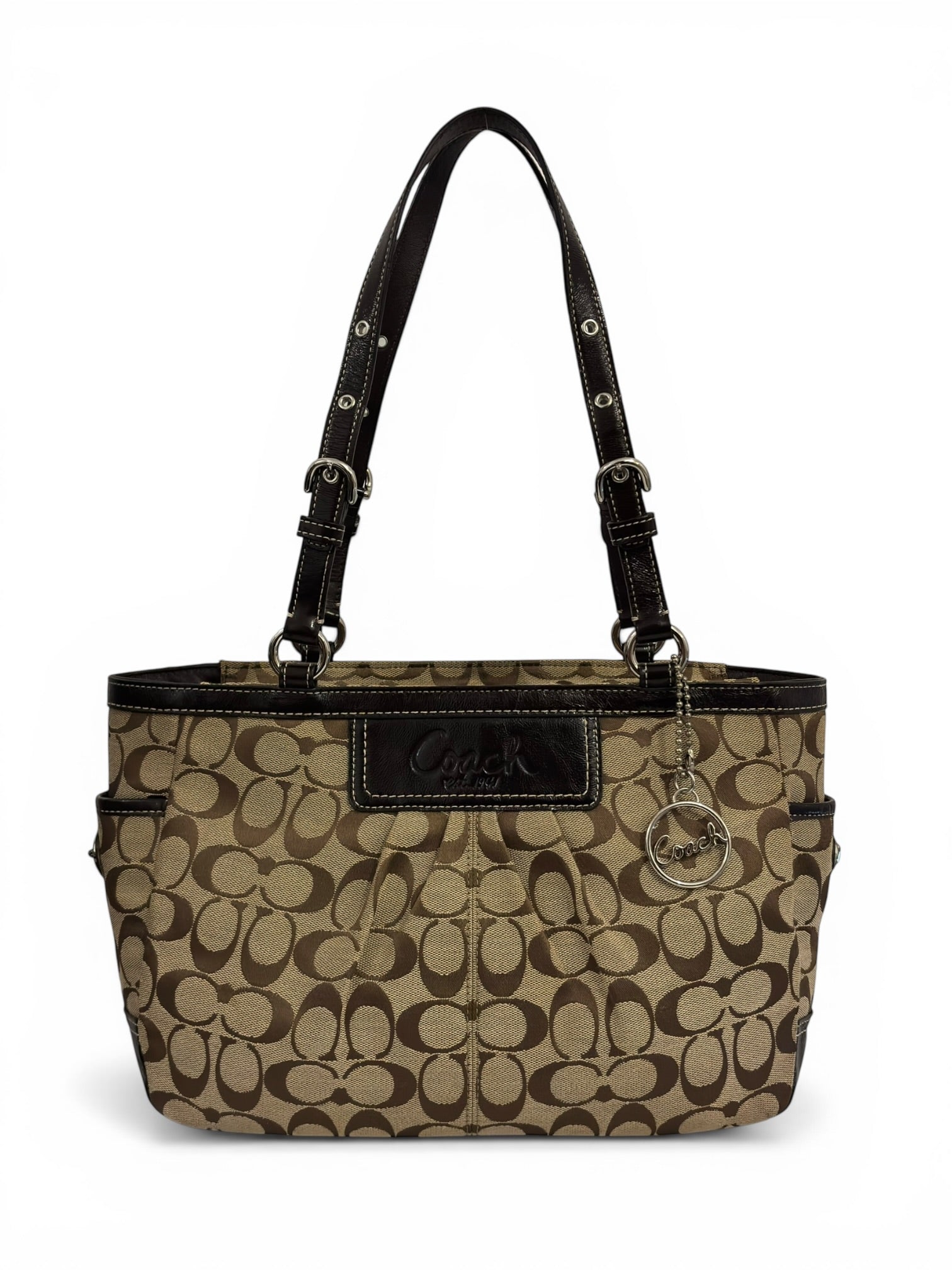 Coach Brown Beige Pleated Signature Gallery Canvas & Patent Leather Tote Shoulder Bag