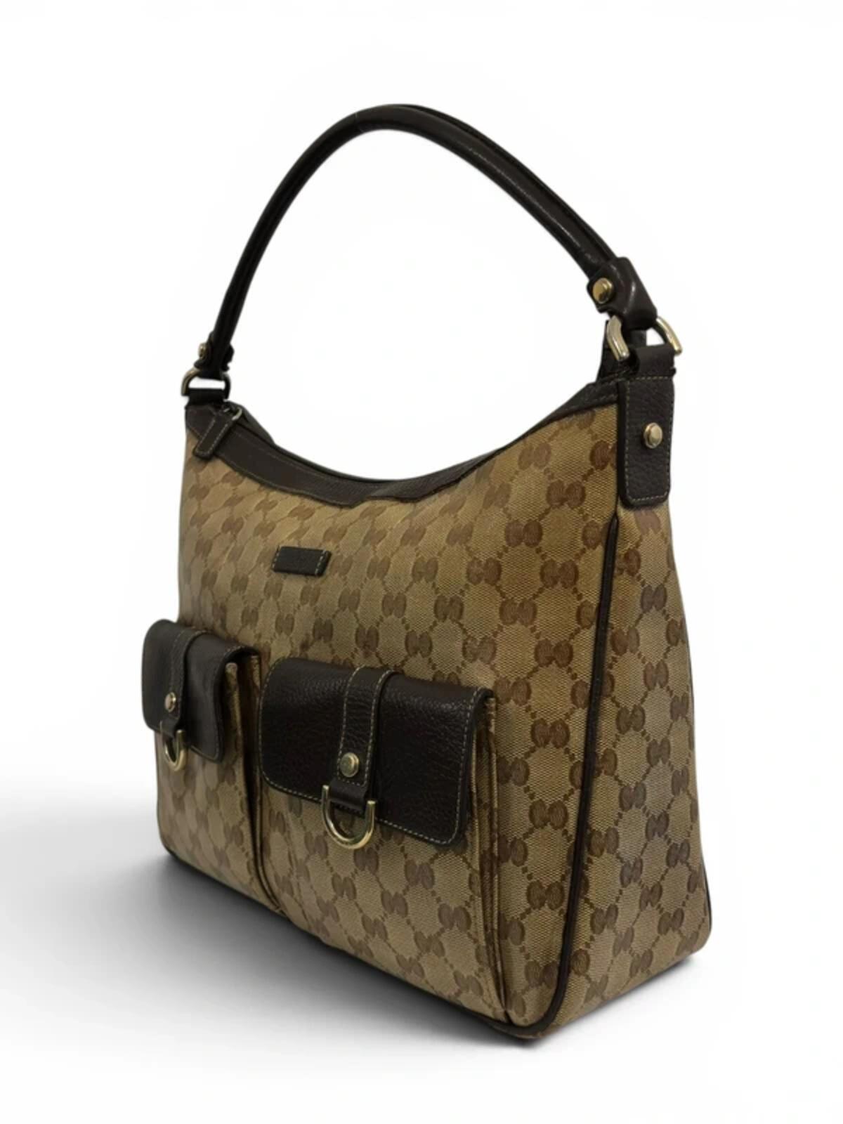 Gucci GG Abbey Crystal Brown & Beige Coated Canvas & Leather Vintage Shoulder Bag