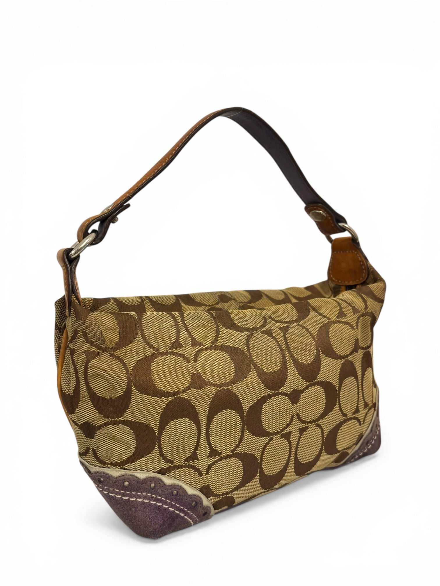 Coach Brown & Purple Suede Canvas & Leather
Baguette Shoulder Bag