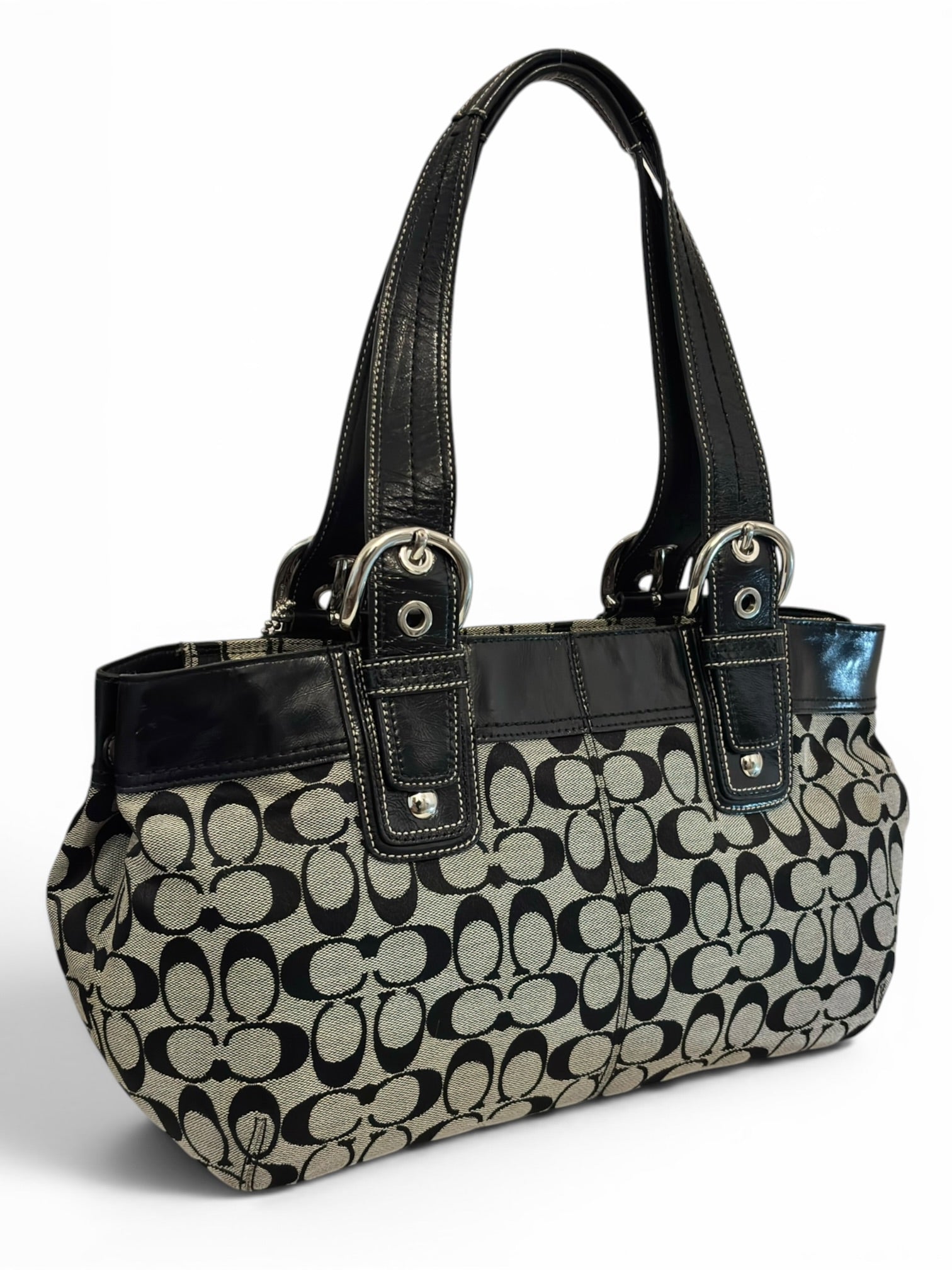 Coach Black & grey Soho Signature Pleated Canvas & Patent Leather Vintage Tote Shoulder Bag