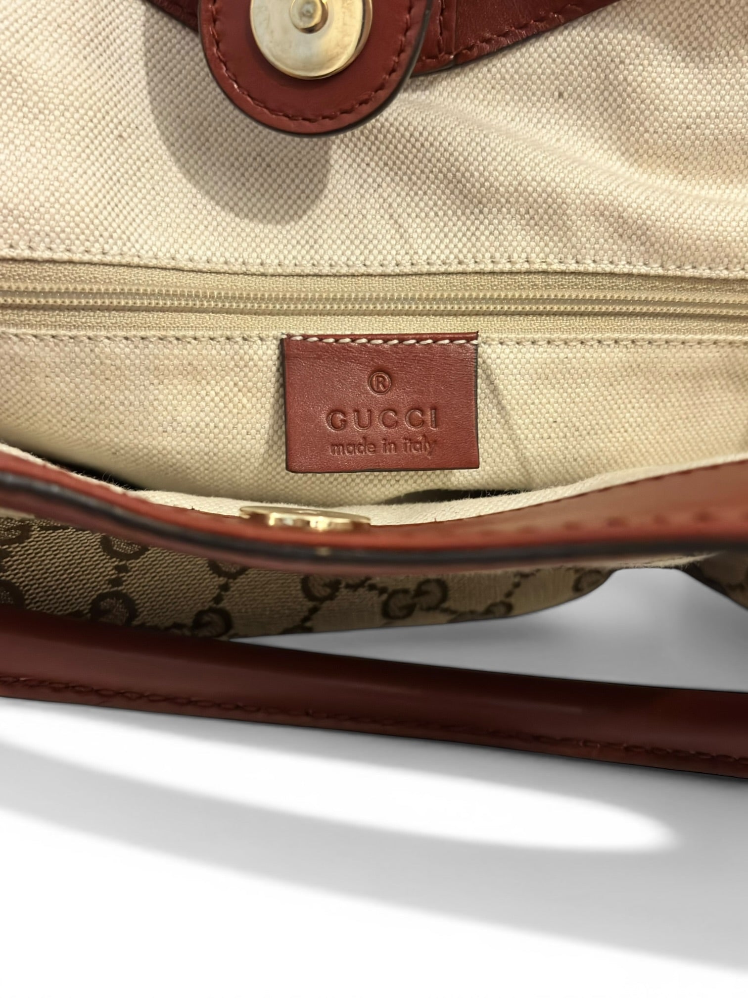 Gucci Sukey Brown & Red Leather & Canvas Monogram Tote Shoulder Bag