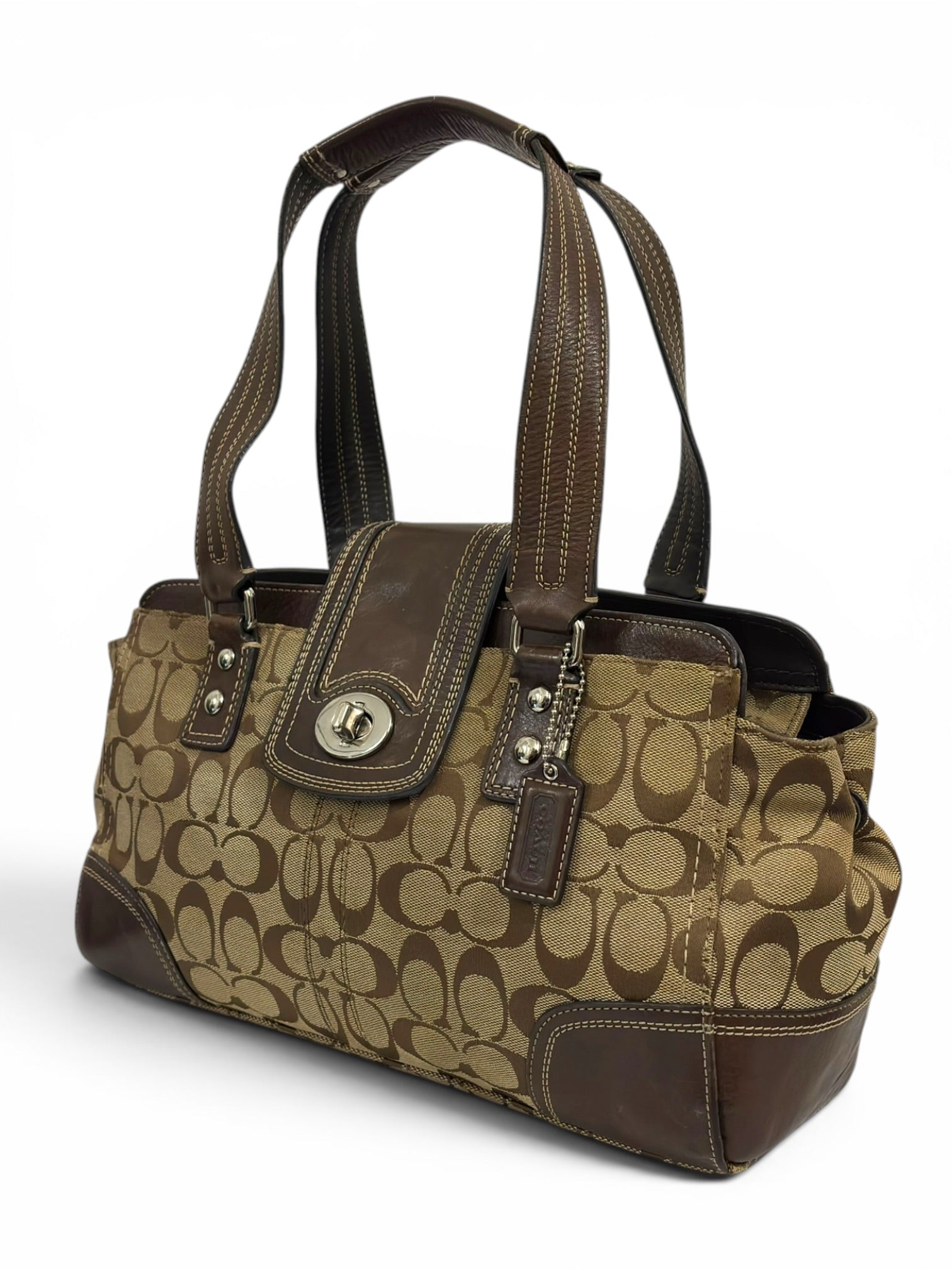 Coach Chestnut Brown Canvas & Leather Turnlock Hamptons Carryall F13975 Tote Vintage Shoulder
Bag