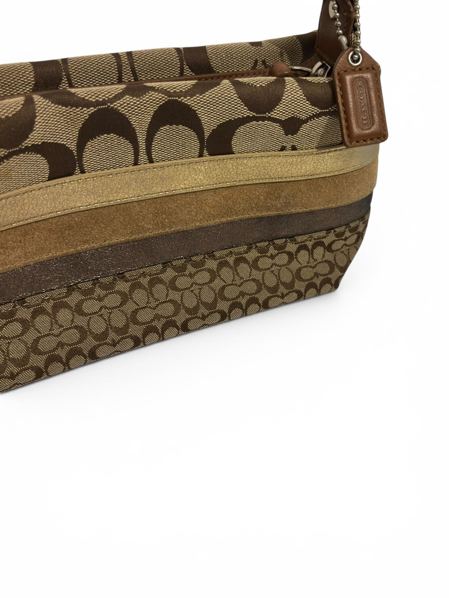 Coach Rare Mini Signature Striped Patchwork Tan Brown Beige Canvas Leather & Suede Vintage
Handbag