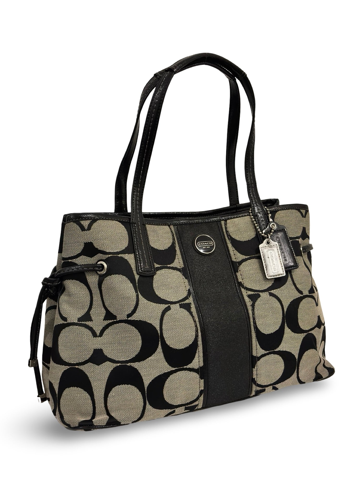 Coach Black Signature Stripe Black & Grey Canvas & Patent Leather Vintage Shoulder Bag