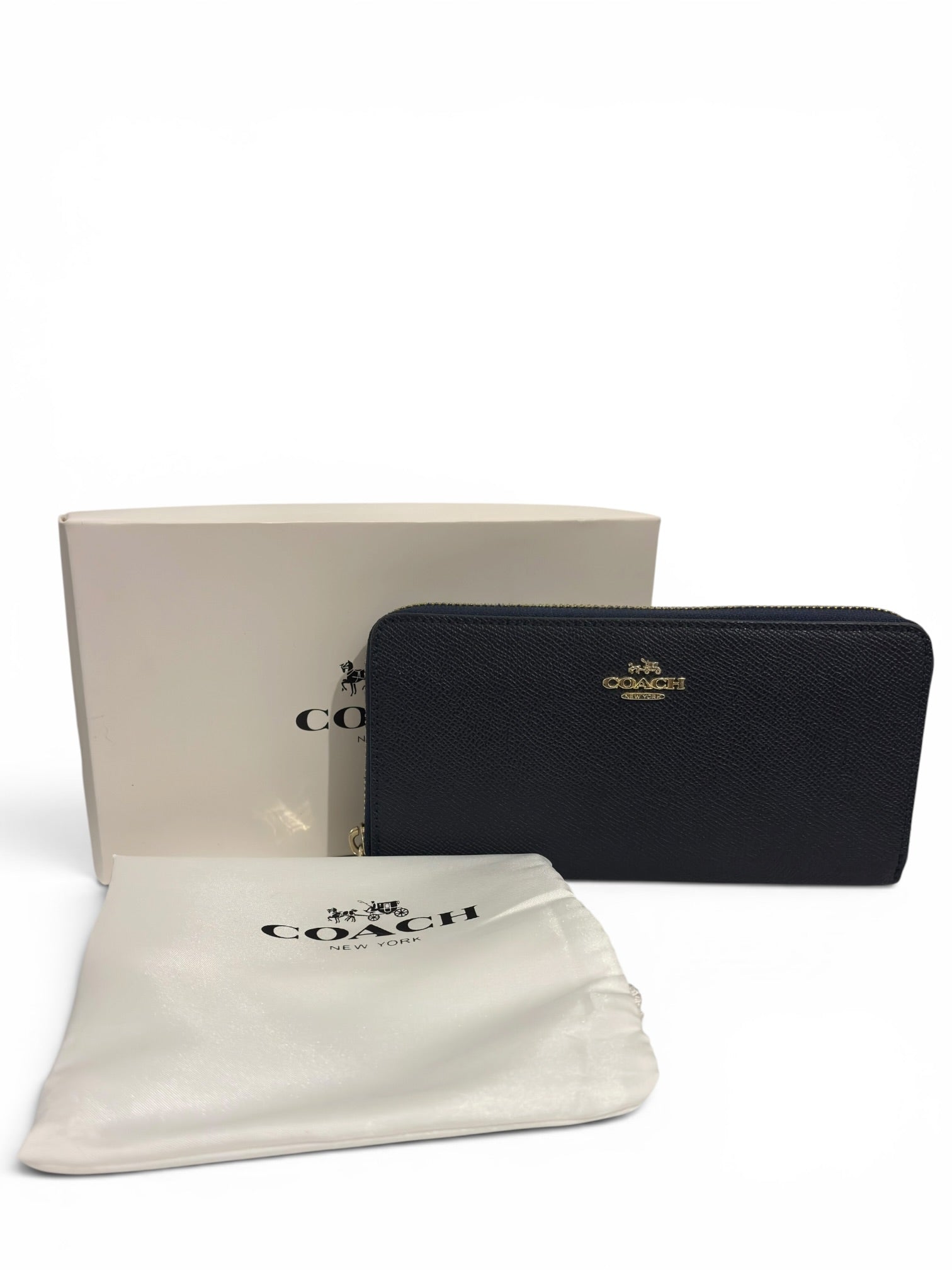 Coach (New - Boxed) Accordion Zip Wallet Midnight Blue Navy Crossgrain Leather Gold Hardware Purse