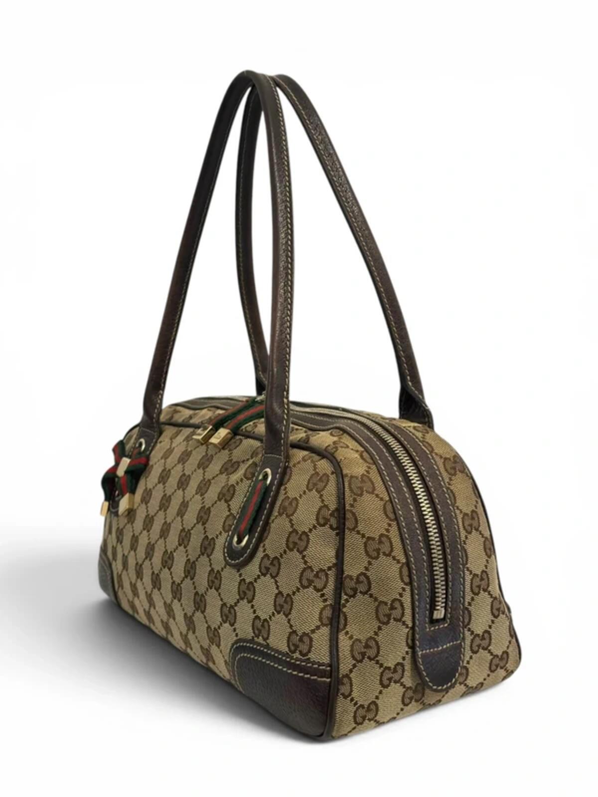 Gucci GG Brown / Beige Princy Boston Canvas & Leather Ribbon Vintage Shoulder Bag