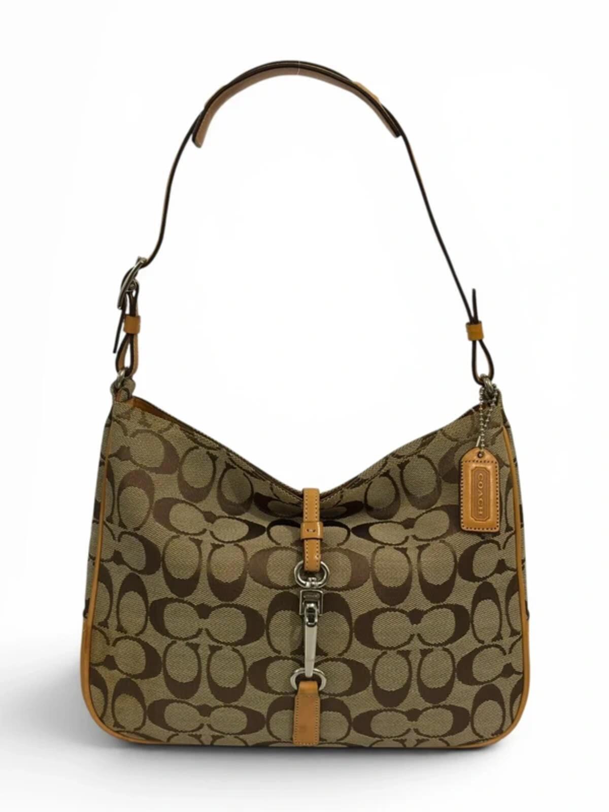 Coach Brown Tan Hamptons Brown Clip Canvas & Leather Vintage Hobo Shoulder Bag