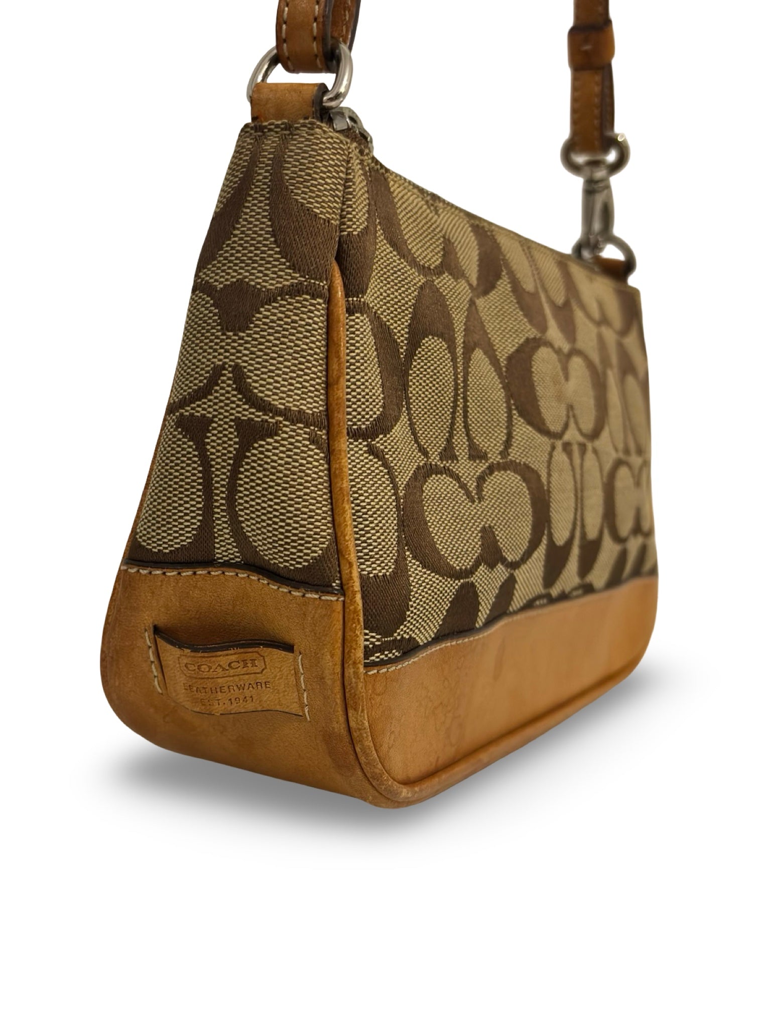 Coach Brown Mini ‘Demi’ Signature Canvas & Leather Pochette Vintage Shoulder Bag