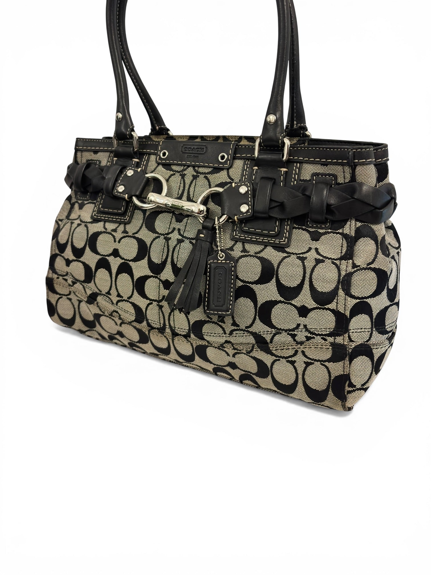 Coach Black & Grey Hampton Clip Braided Vintage Canvas & Leather Tote Shoulder Bag