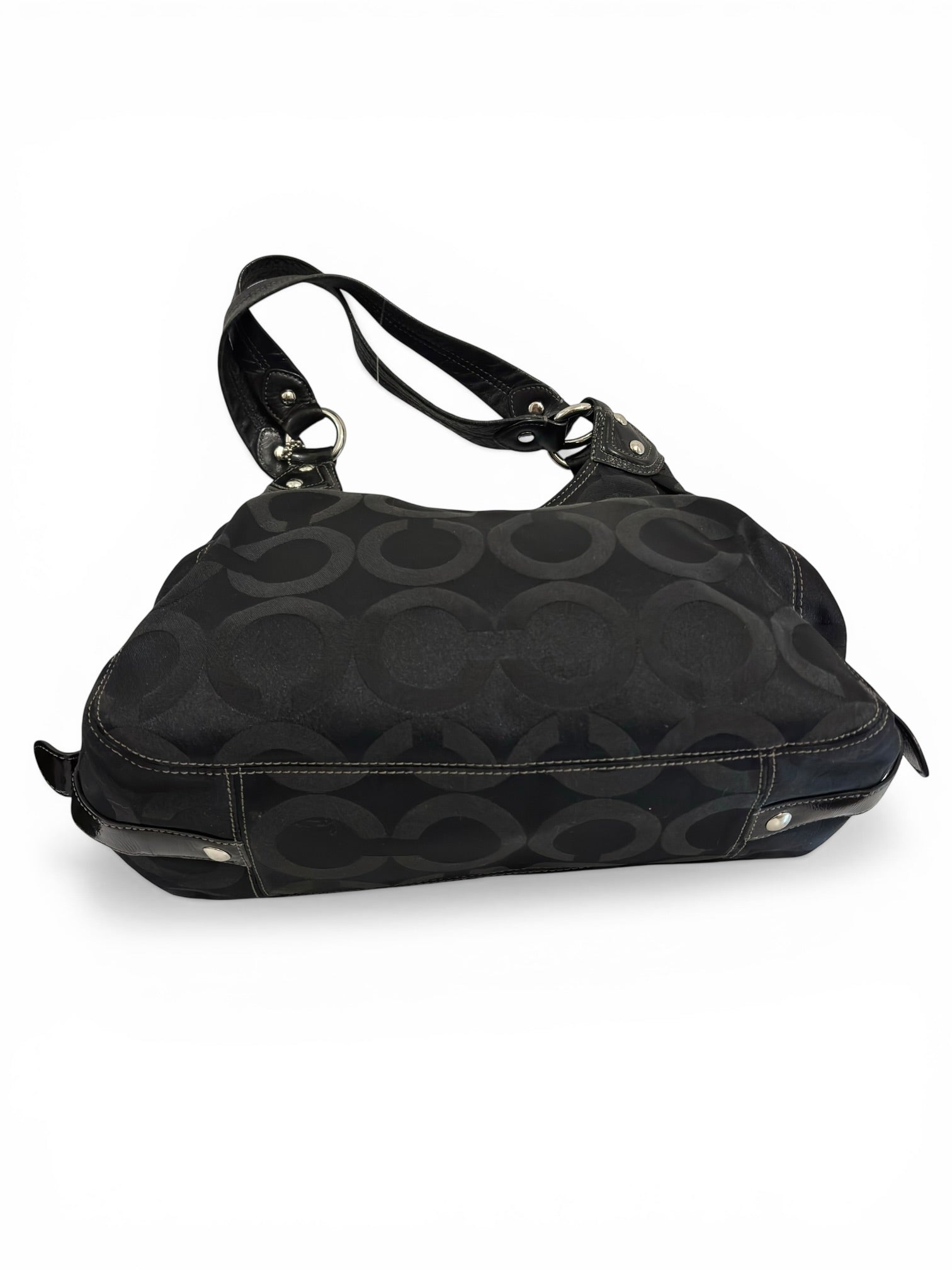 Coach Black Madison Maggie OP Art Canvas Satin & Leather Signature Shoulder Bag