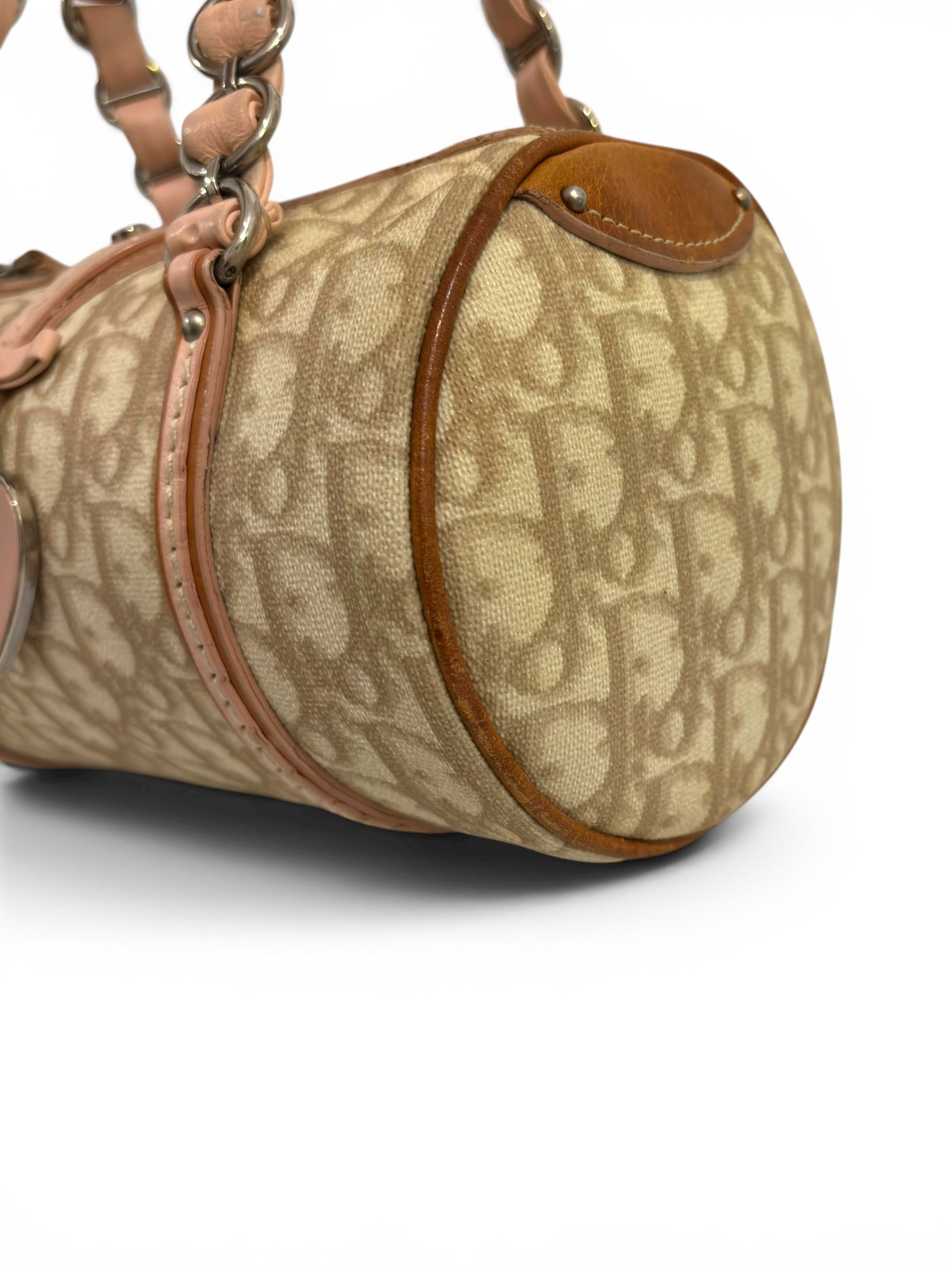 Christian Dior Rare Romantique Trotter Barrel Pink & Brown Heart Charm Galliano Vintage Shoulder Bag