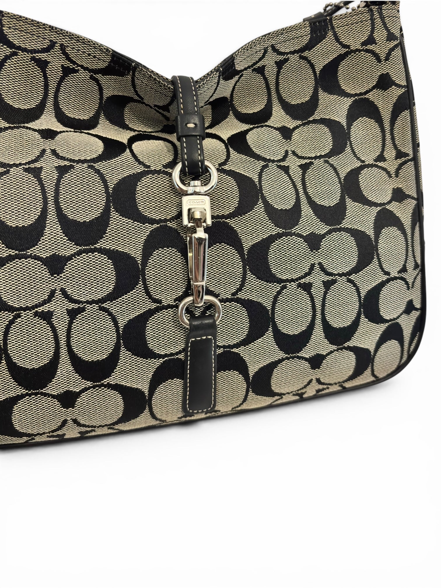 Coach Hampton Signature Clip Grey & Black Canvas
& Leather Hobo Vintage Shoulder Bag