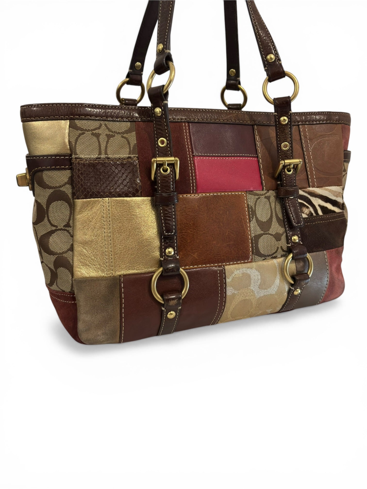 Coach Rare Limited Edition Holiday Legacy Pony Hair Patchwork Brown Red Tote Shoulder Bag
