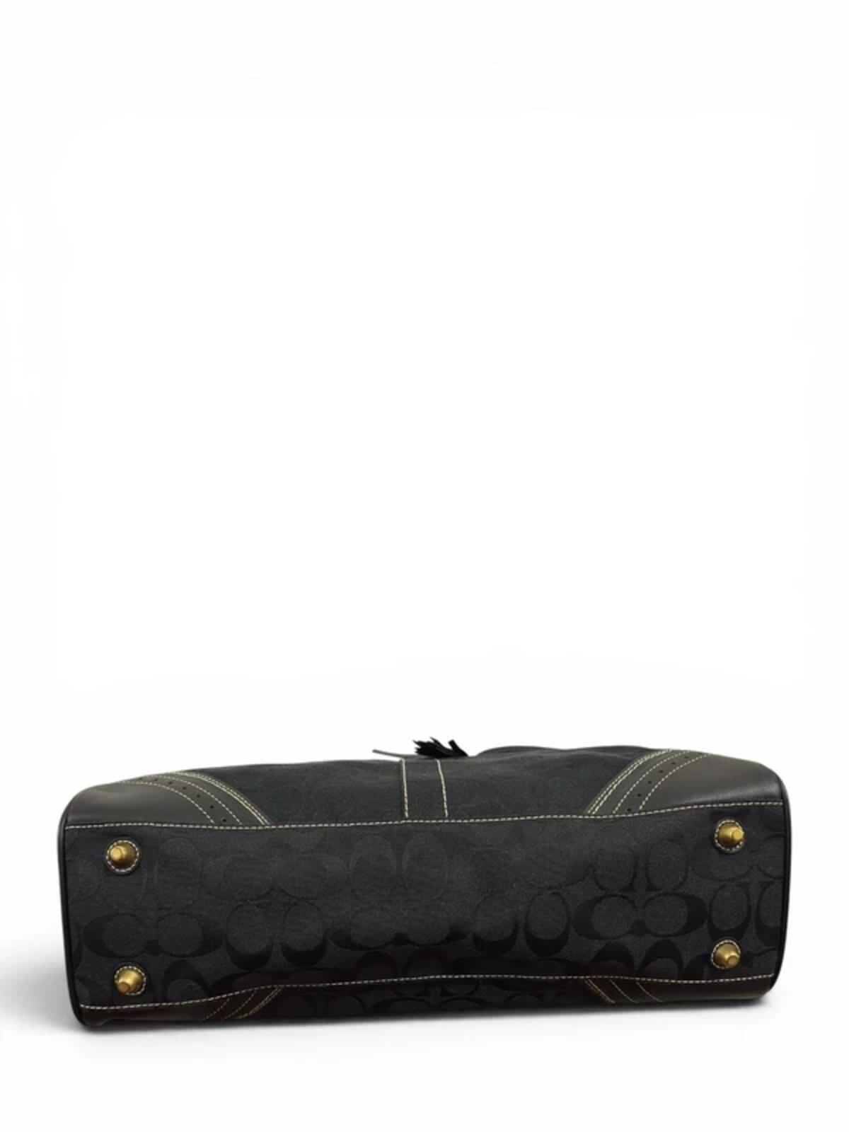 Coach Large Black Hampton Canvas & Leather Clip Tassel Belted Tote Shoulder Bag