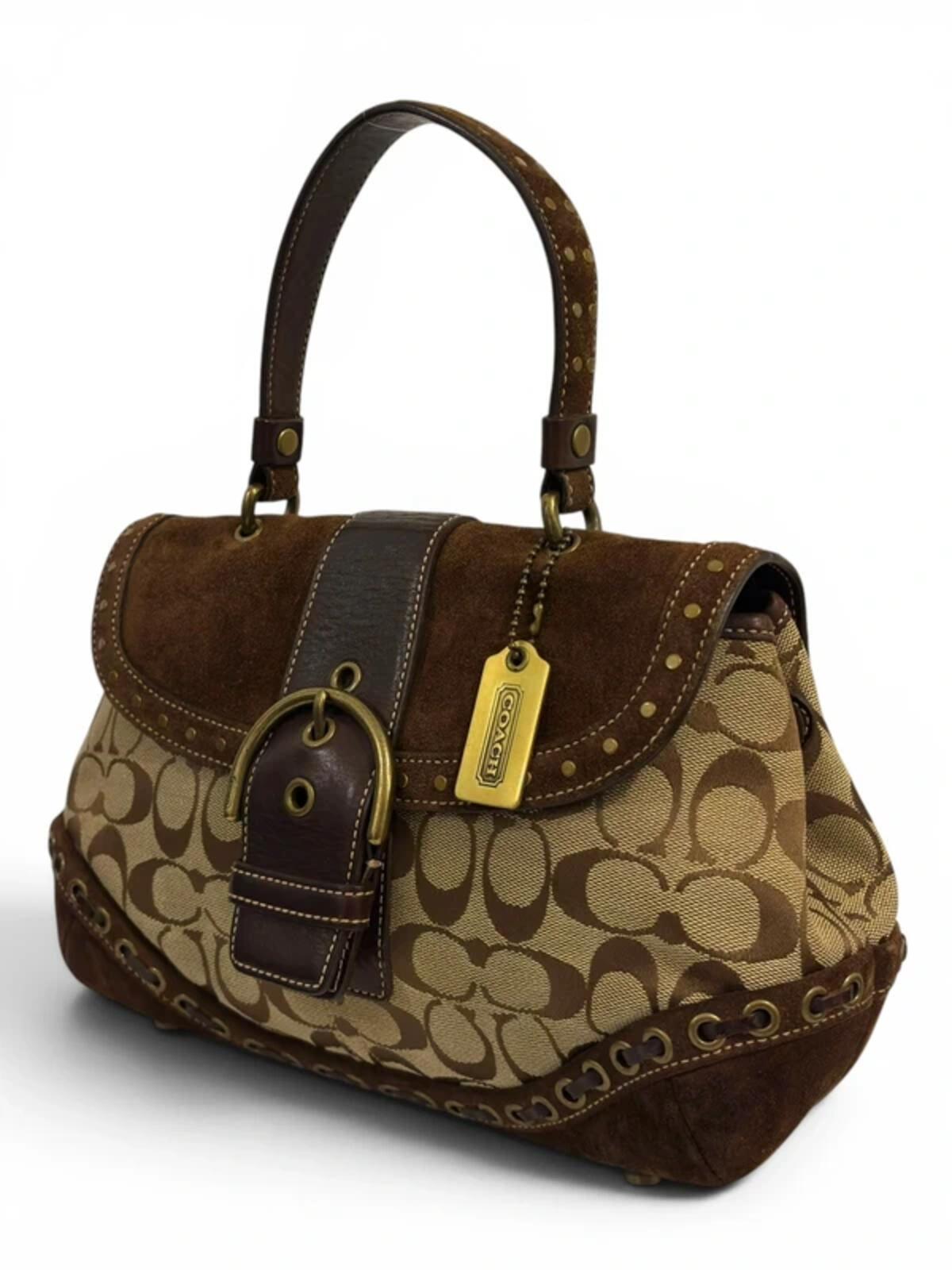 Coach Signature Soho Brown Canvas & Suede Buckle Studded Handbag D04J-7059
