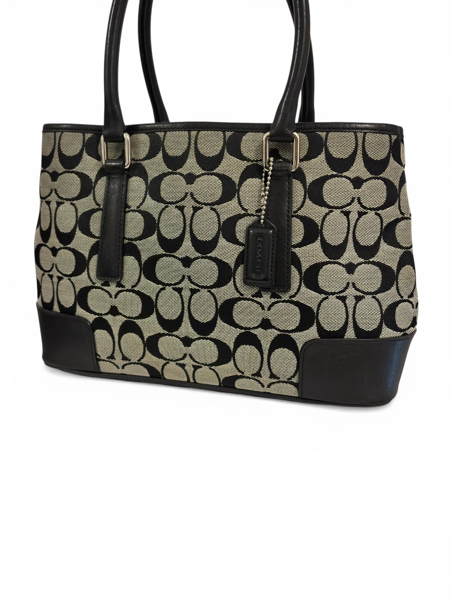 Coach Black & Grey Signature Canvas & Leather Tote Shoulder Bag