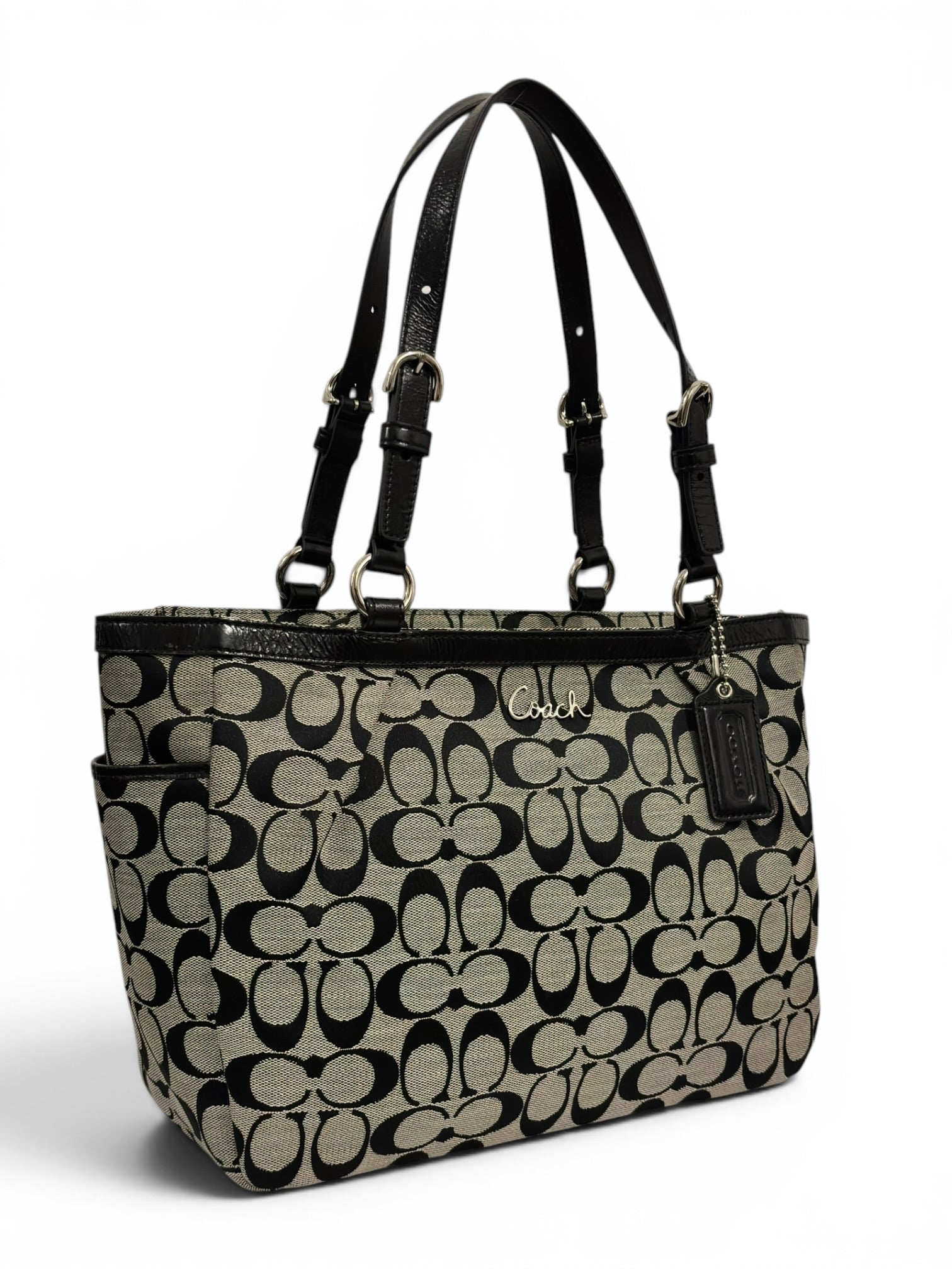 Coach Signature Black & Grey / Khaki Gallery East West Pleated Tote Shoulder Bag