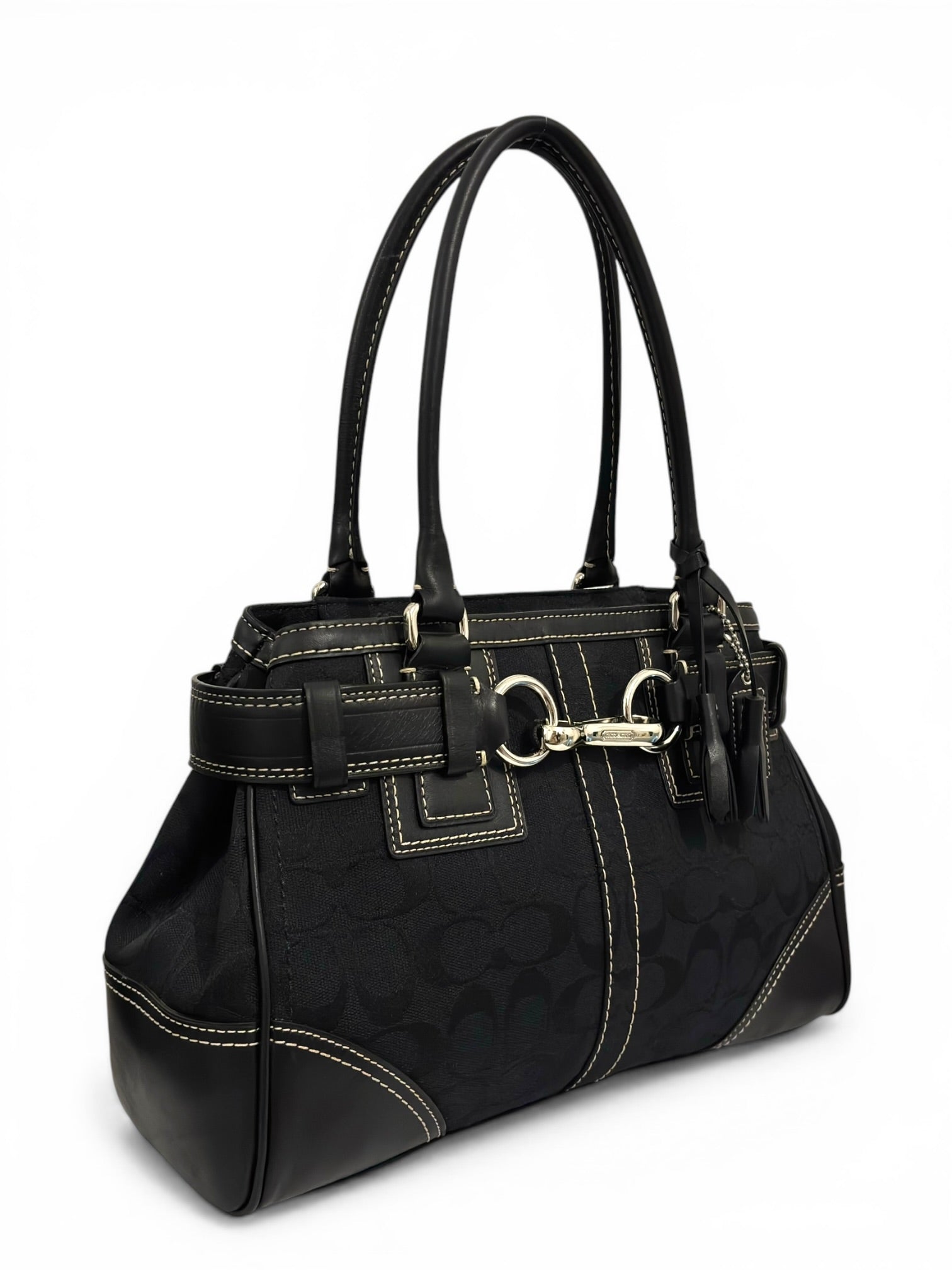 Coach Black Hampton Canvas & Leather Clip Tassel
Belted Tote Shoulder Bag