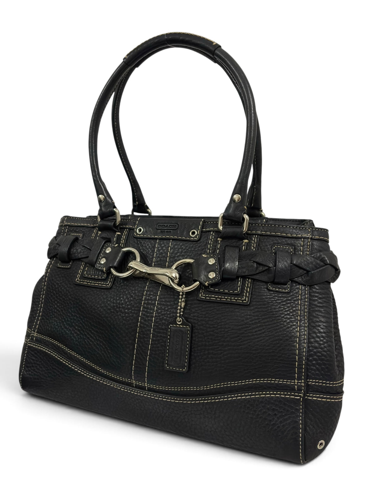 Vintage Coach Hamptons Bag F13084 Black Pebbled Leather Braided Tote