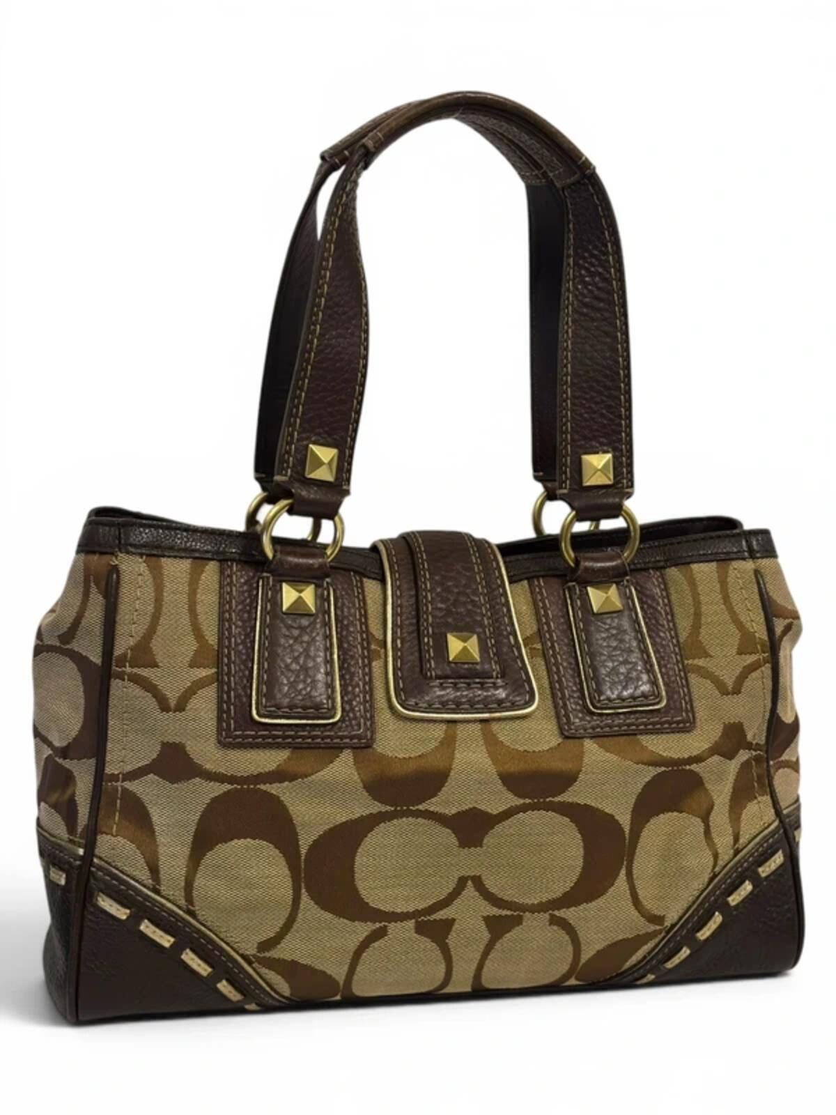 Coach Brown / Beige Studded Signature Vintage Horsebit Shoulder Bag