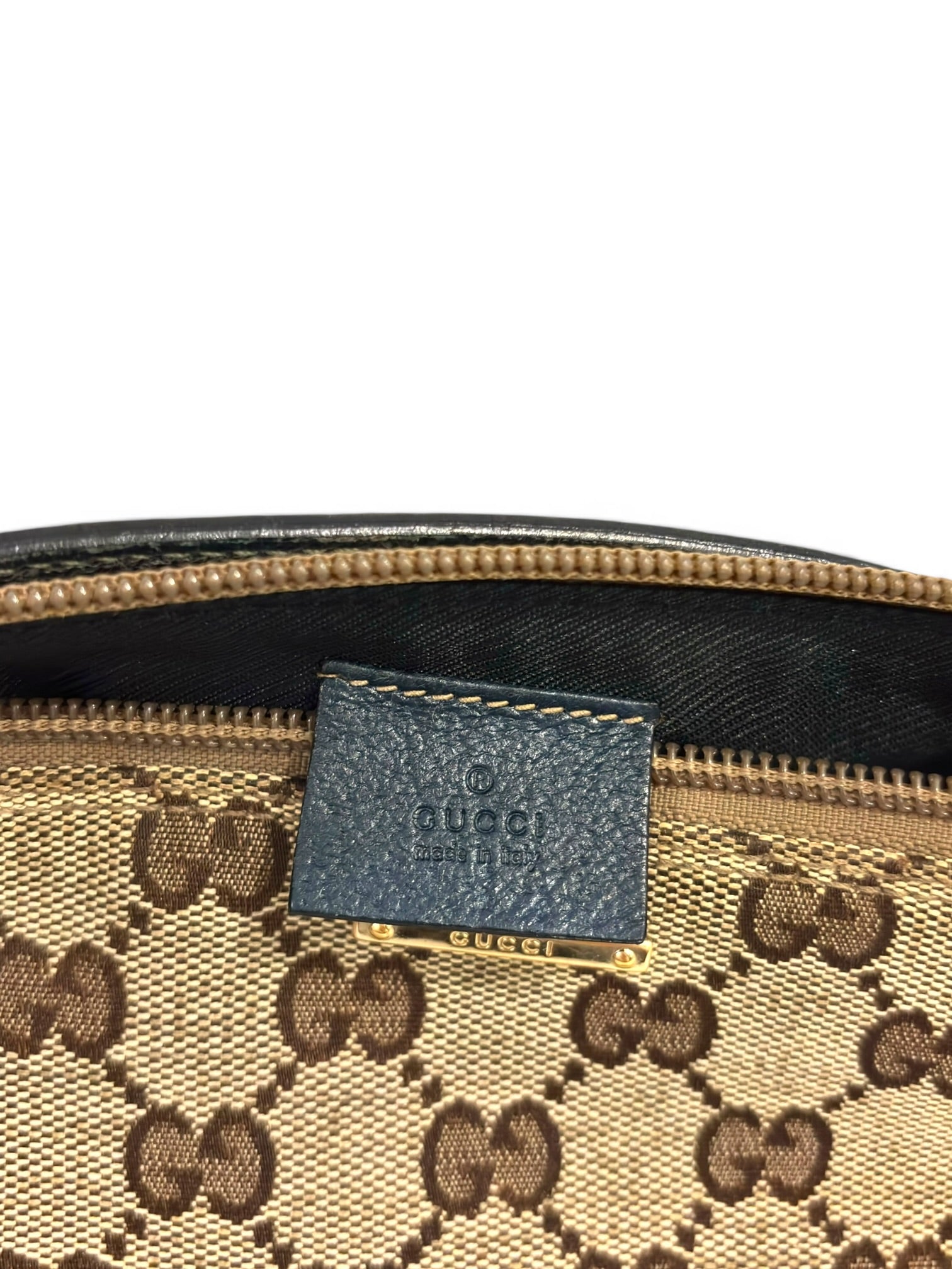Gucci Brown Beige Canvas & Dark Blue Leather Pochette Boat Shoulder Bag