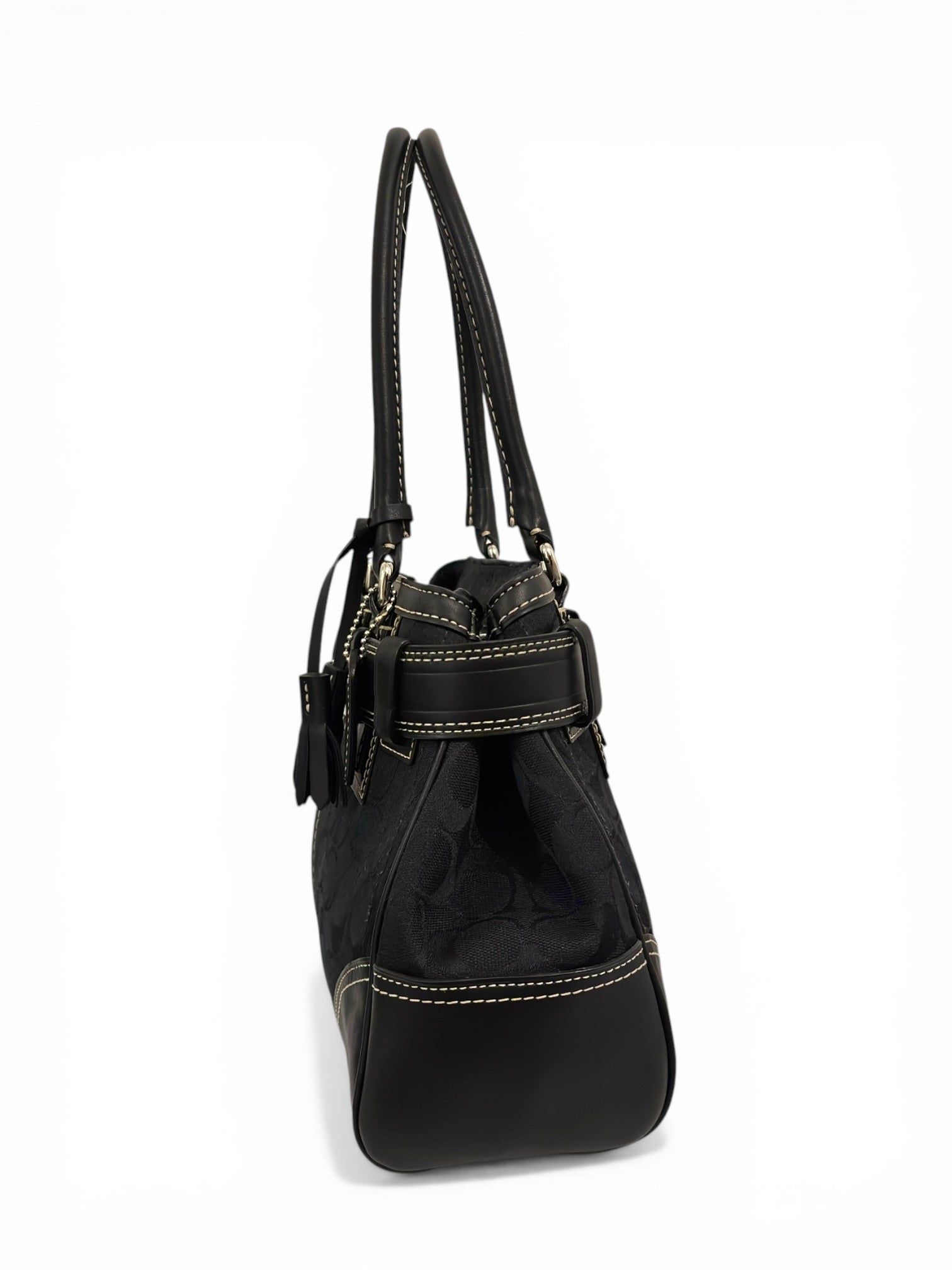 Coach Black Hampton Canvas & Leather Clip Tassel Belted Tote Shoulder Bag