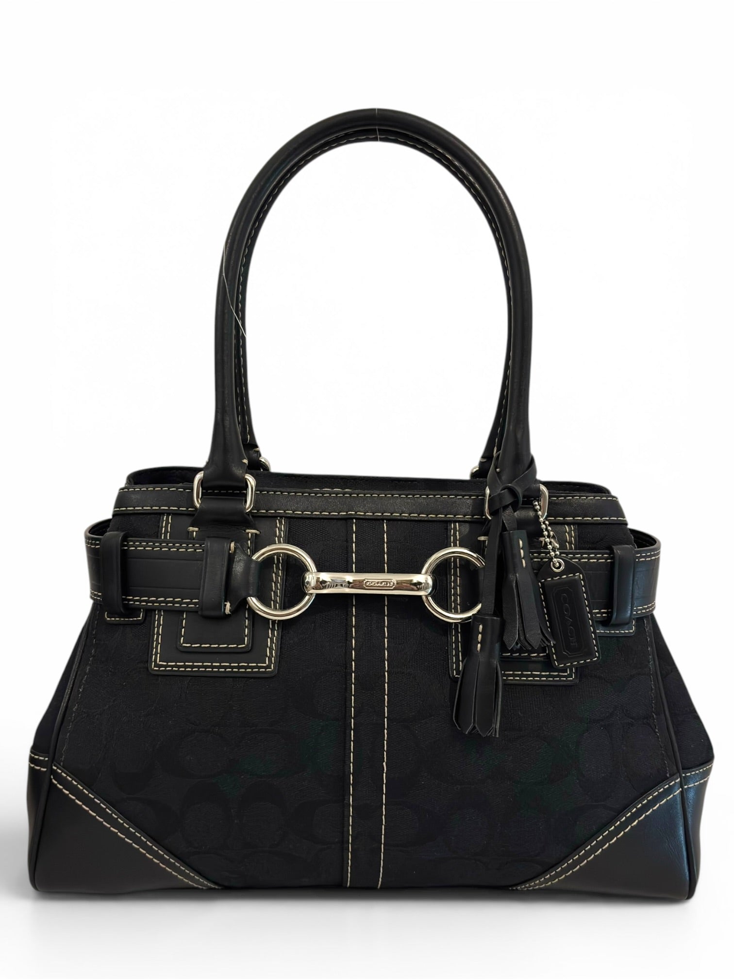 Coach Black Hampton Canvas & Leather Clip Tassel
Belted Tote Shoulder Bag